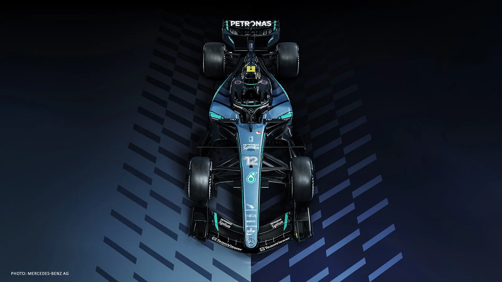 Overhead view of the Mercedes W17 showing its special blue MANUFAKTUR design for Austin.