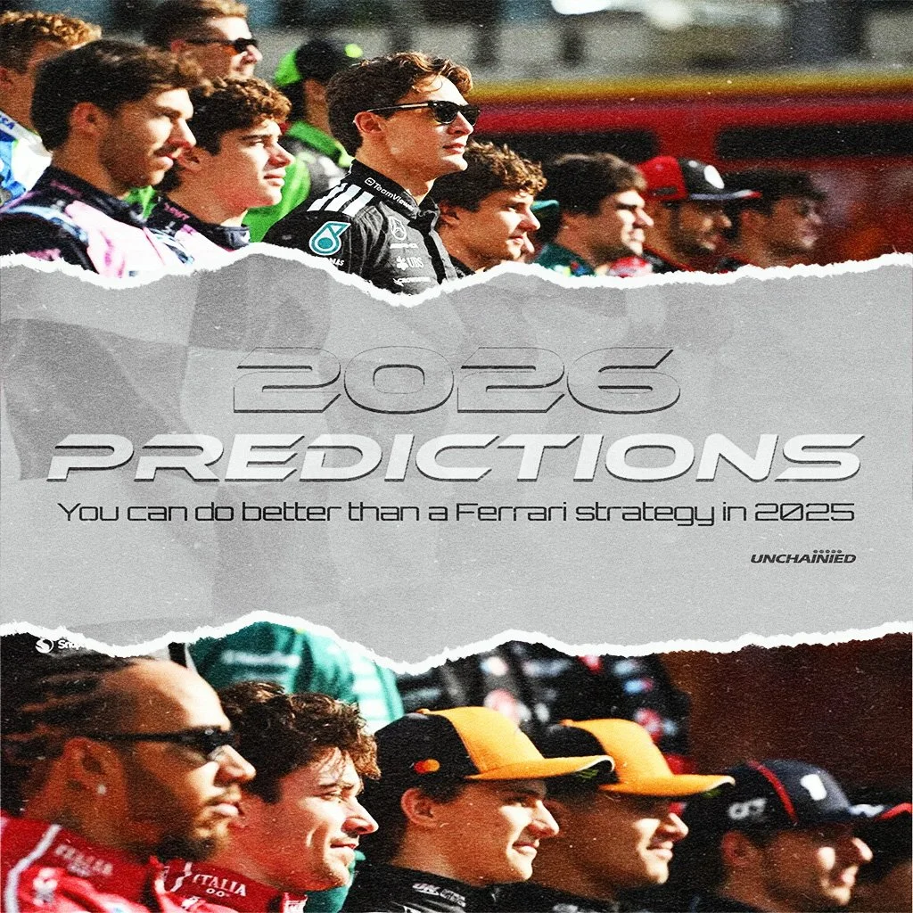 Poster showing the complete 2026 F1 drivers grid with teams like Ferrari, McLaren, and newcomers Audi and Cadillac, featuring driver predictions for the 2026 season.