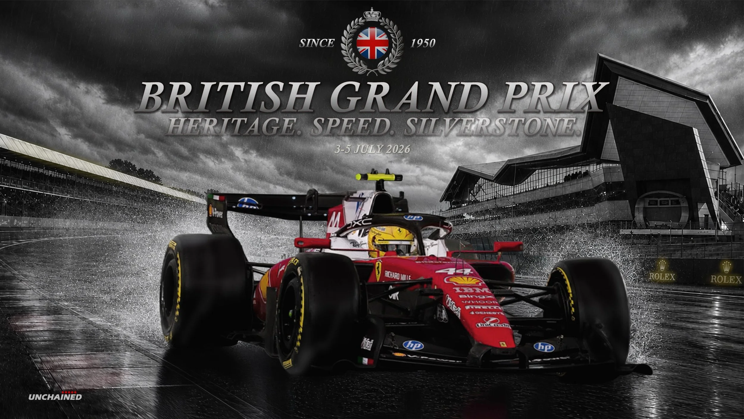 2026 British Grand Prix Formula 1 poster with Silverstone race car artwork.