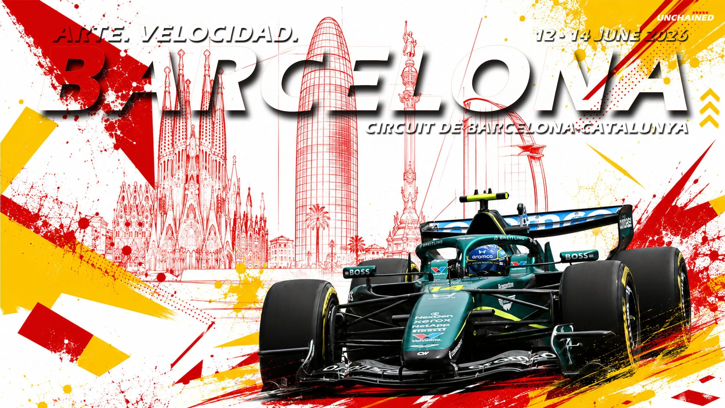 2026 Barcelona Grand Prix Formula 1 poster with Mercedes race car artwork.
