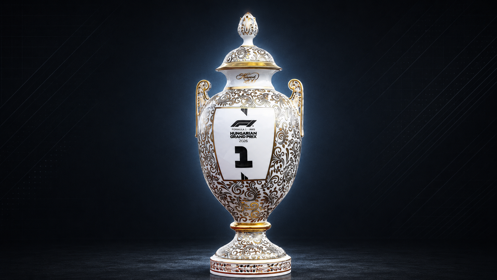 The 2026 Hungarian Grand Prix winner’s Herend porcelain trophy against a dark background.