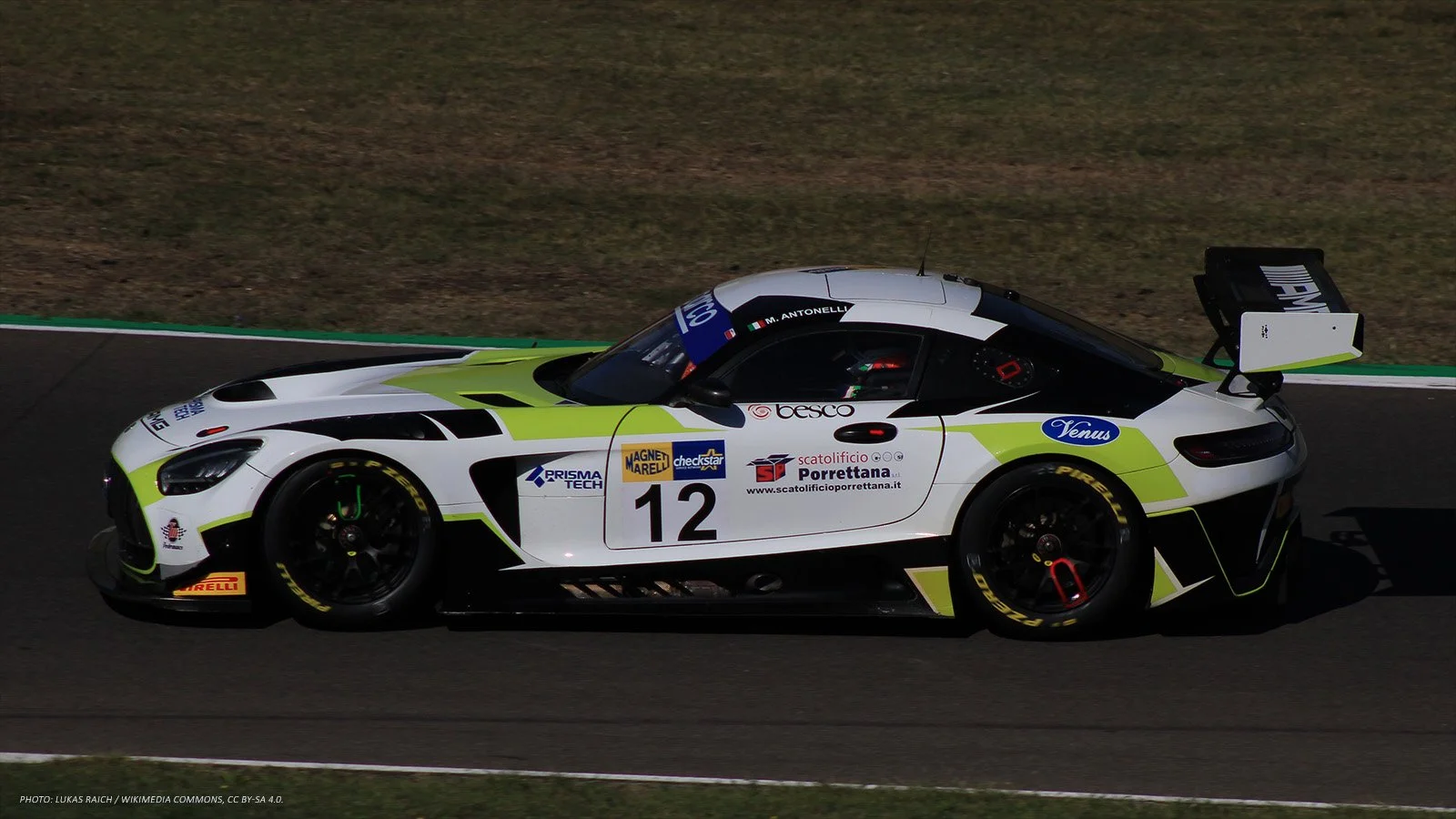 Marco Antonelli’s number 12 Mercedes-AMG GT3 on track.