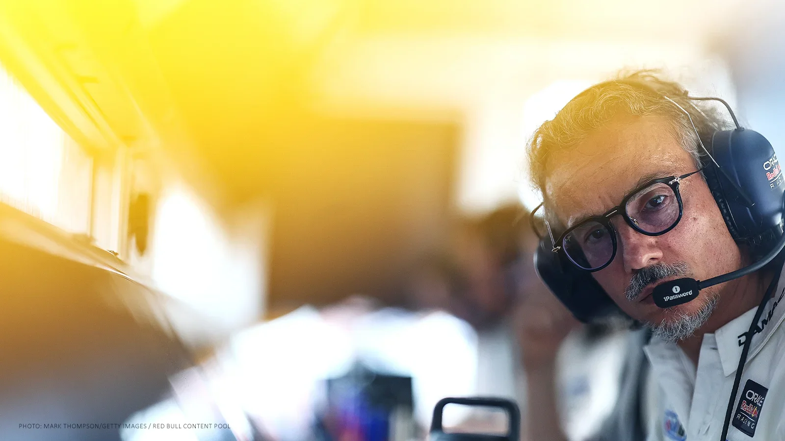 Red Bull team principal Laurent Mekies wearing a headset on the pit wall during the 2026 United States Grand Prix.