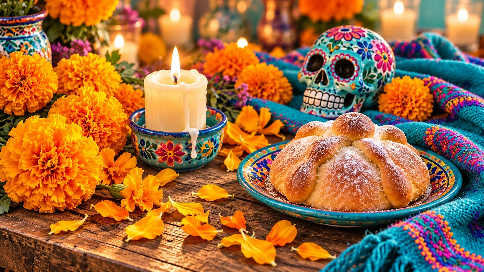 Colorful Día de Muertos illustration featuring marigolds, a lit candle, pan de muerto and a turquoise ceramic skull.