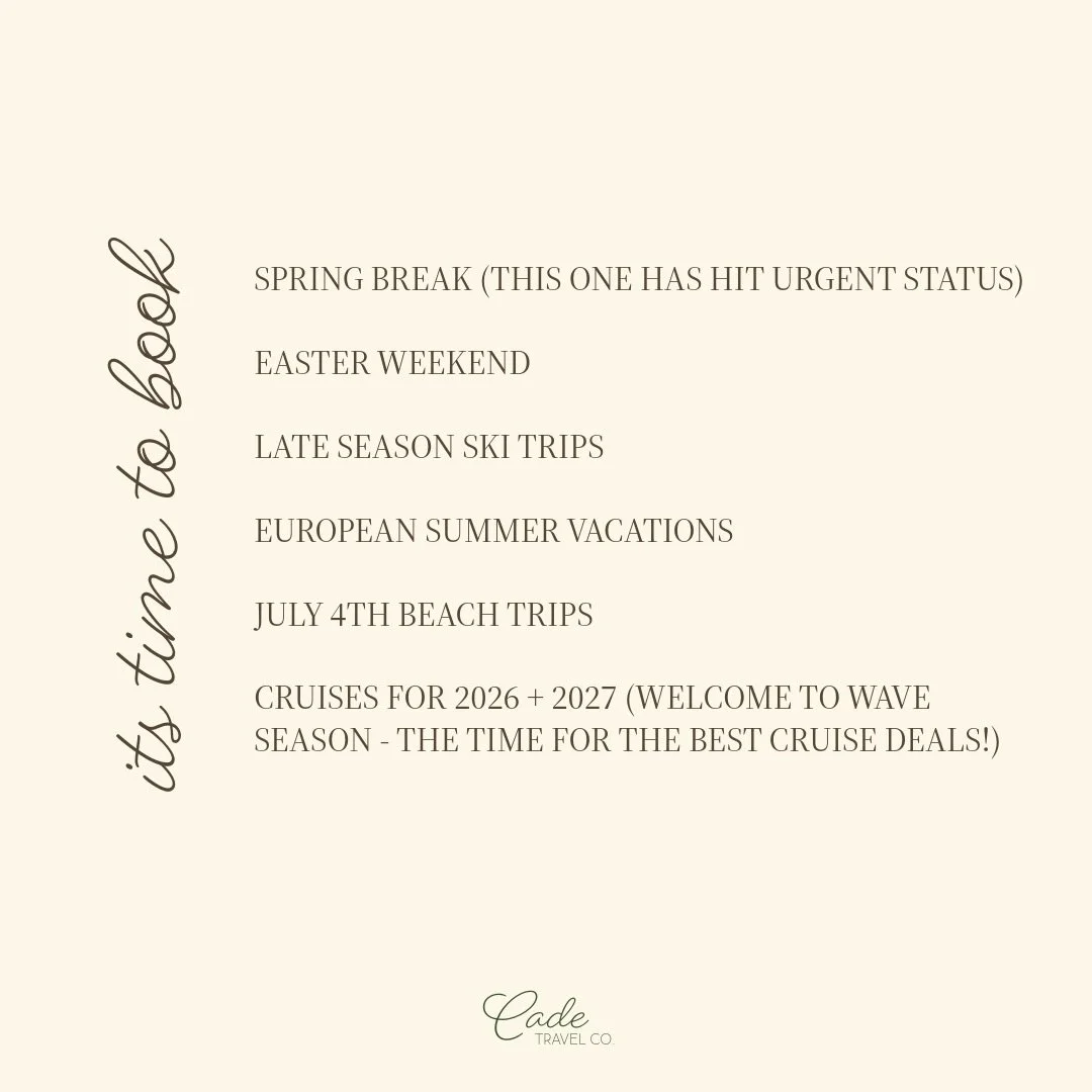 As you come out of your post-holiday fog and enter annual planning mode, this is your friendly reminder that it is time to get booking for a variety of peak travel times.

If you haven&rsquo;t already, now is the time to book:
- spring break (this sh