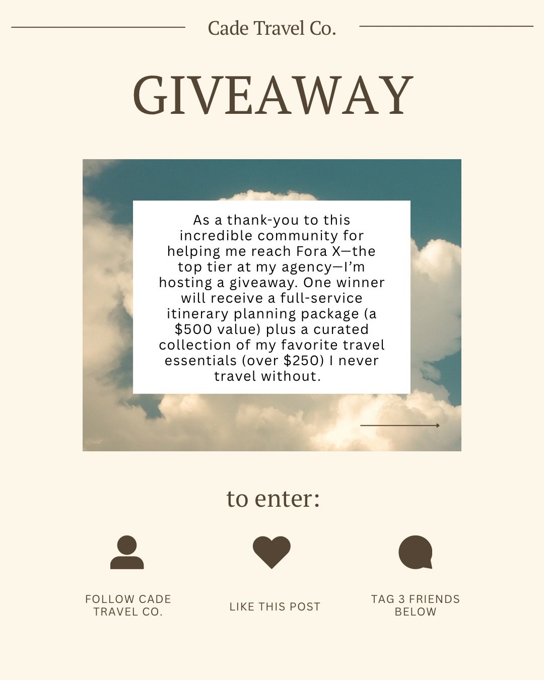 ✨ GIVEAWAY ✨

As a huge thank-you to this community for helping me reach Fora X (the top tier at my agency 🤍), I wanted to give a little something back and also help spread the word to your friends and family about @cadetravelco (because your referr