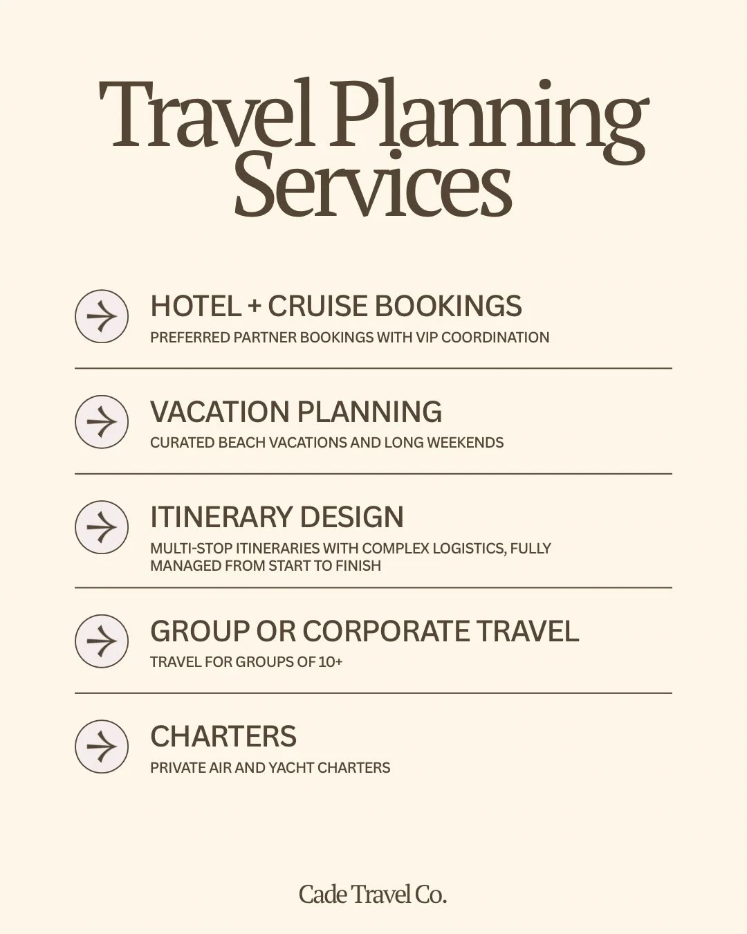 Not every trip needs the same level of planning&mdash;and that&rsquo;s exactly the point.

Most clients use a mix of these services throughout their year of travel, depending on the trip. Sometimes it&rsquo;s a hotel booking with VIP coordination + p