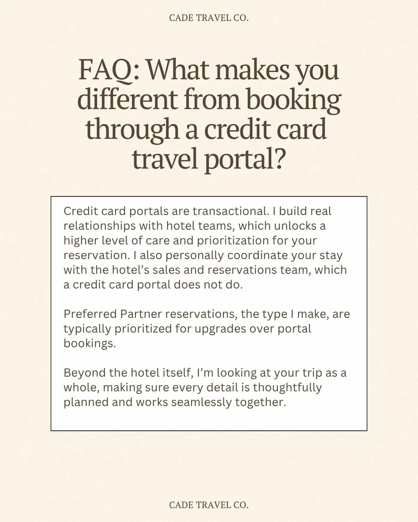 Short answer: a lot.

Credit card portals are built to process bookings at scale. I&rsquo;m building relationships with the people actually taking care of you once you arrive, and that&rsquo;s what changes the experience. From how your reservation is