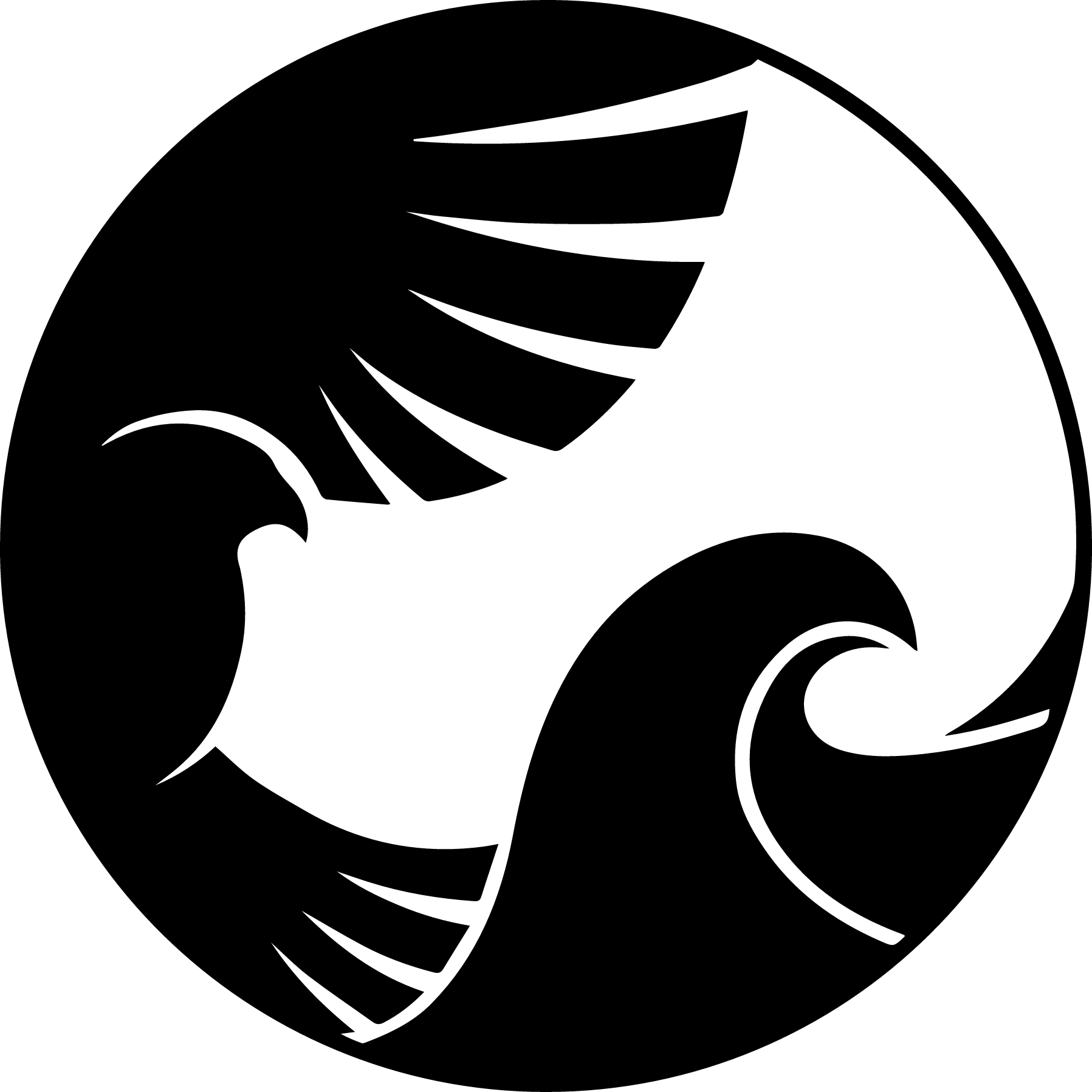 Logo of a black and white illustration of a flying bird and wave enclosed in a circle.
