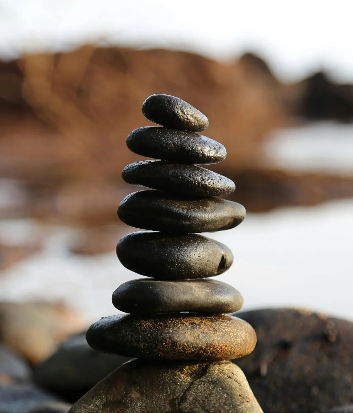 A balanced stack of smooth rocks arranged neatly on top of each other against a natural background.