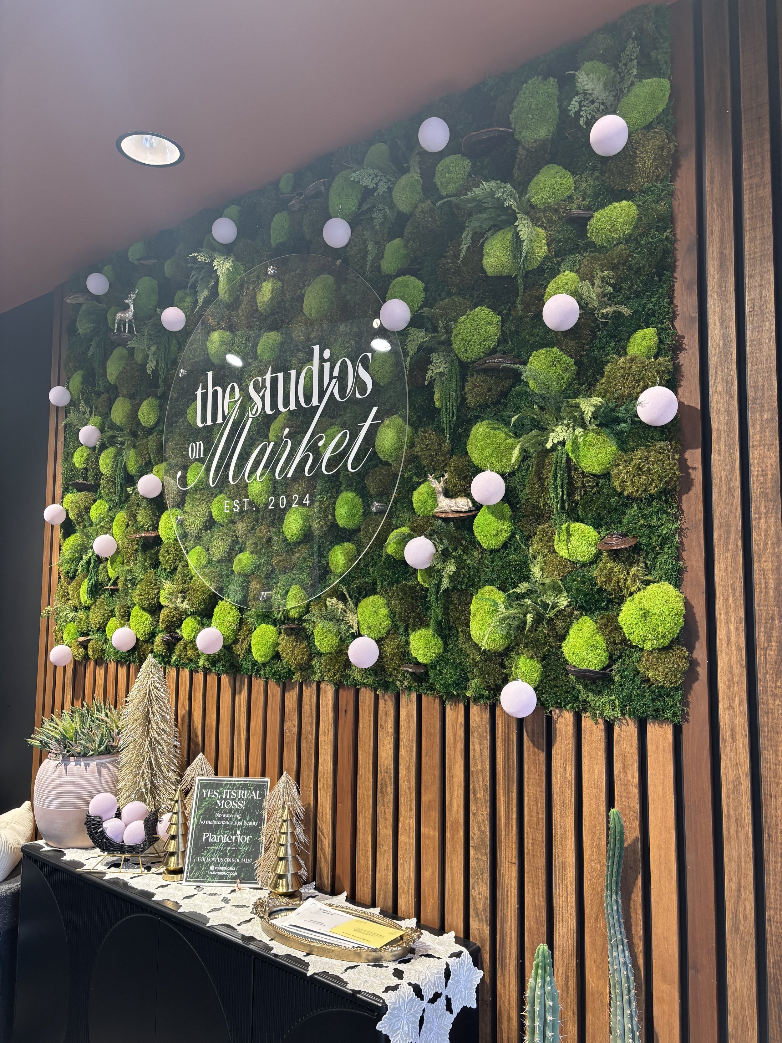 Decorative green moss wall with white spherical lights and a sign that reads 'the studios on Market EST. 2024'. Potted plants and gold-colored Christmas trees on a table below the moss wall. A small cactus is beside the table.