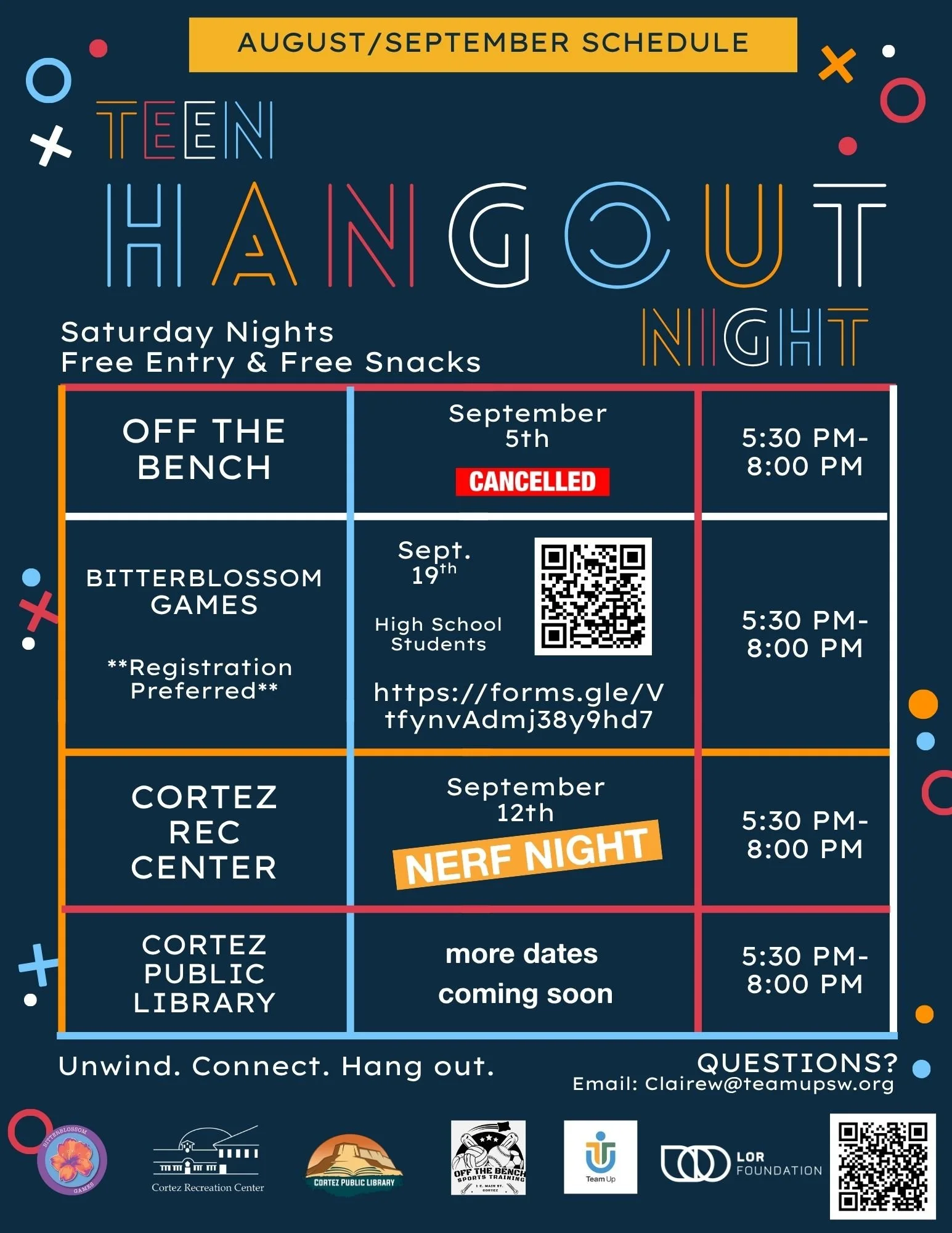 February/March schedule for Teen Hangout Night event, listing activities and dates at three locations with time details.