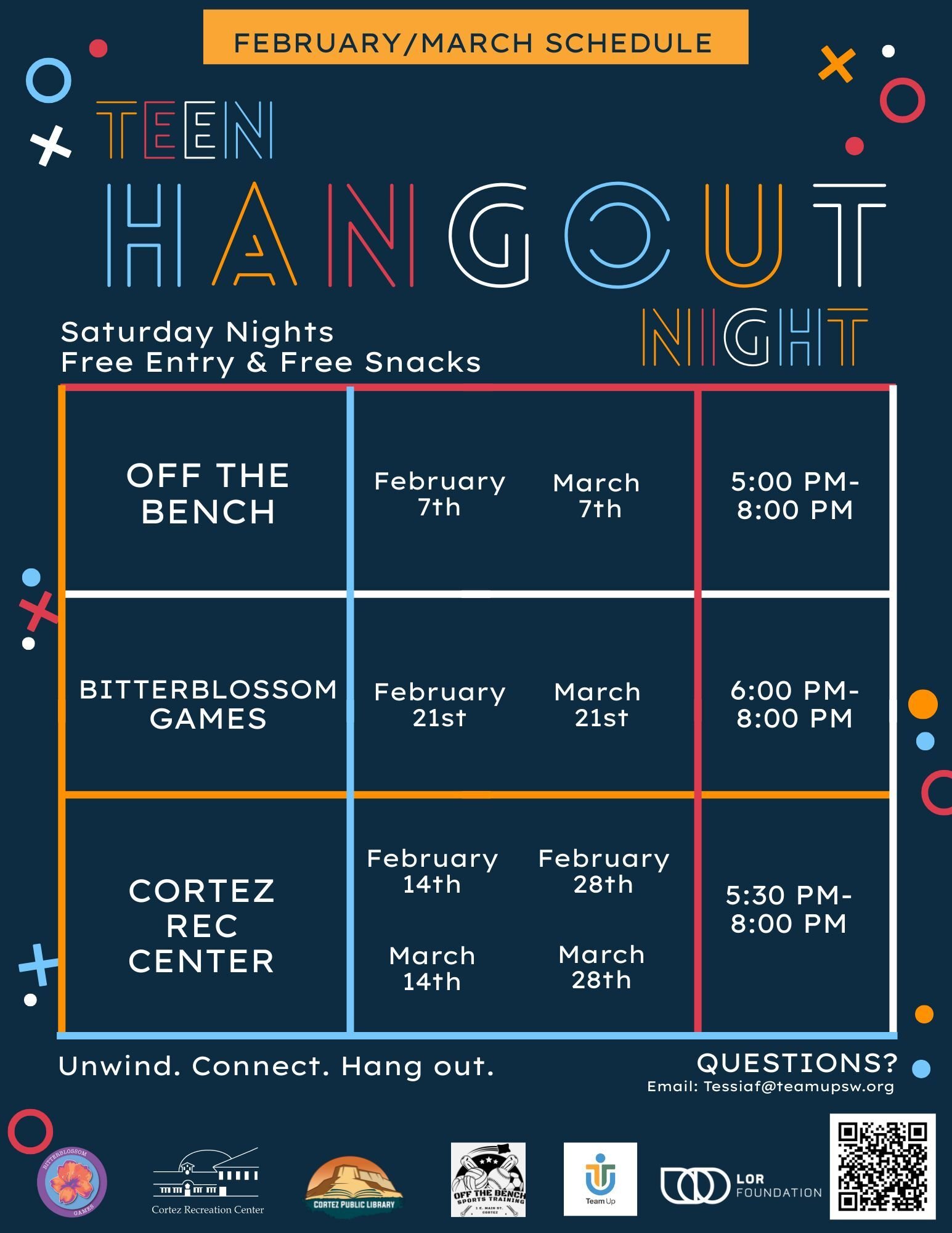 February/March schedule for Teen Hangout Night event, listing activities and dates at three locations with time details.