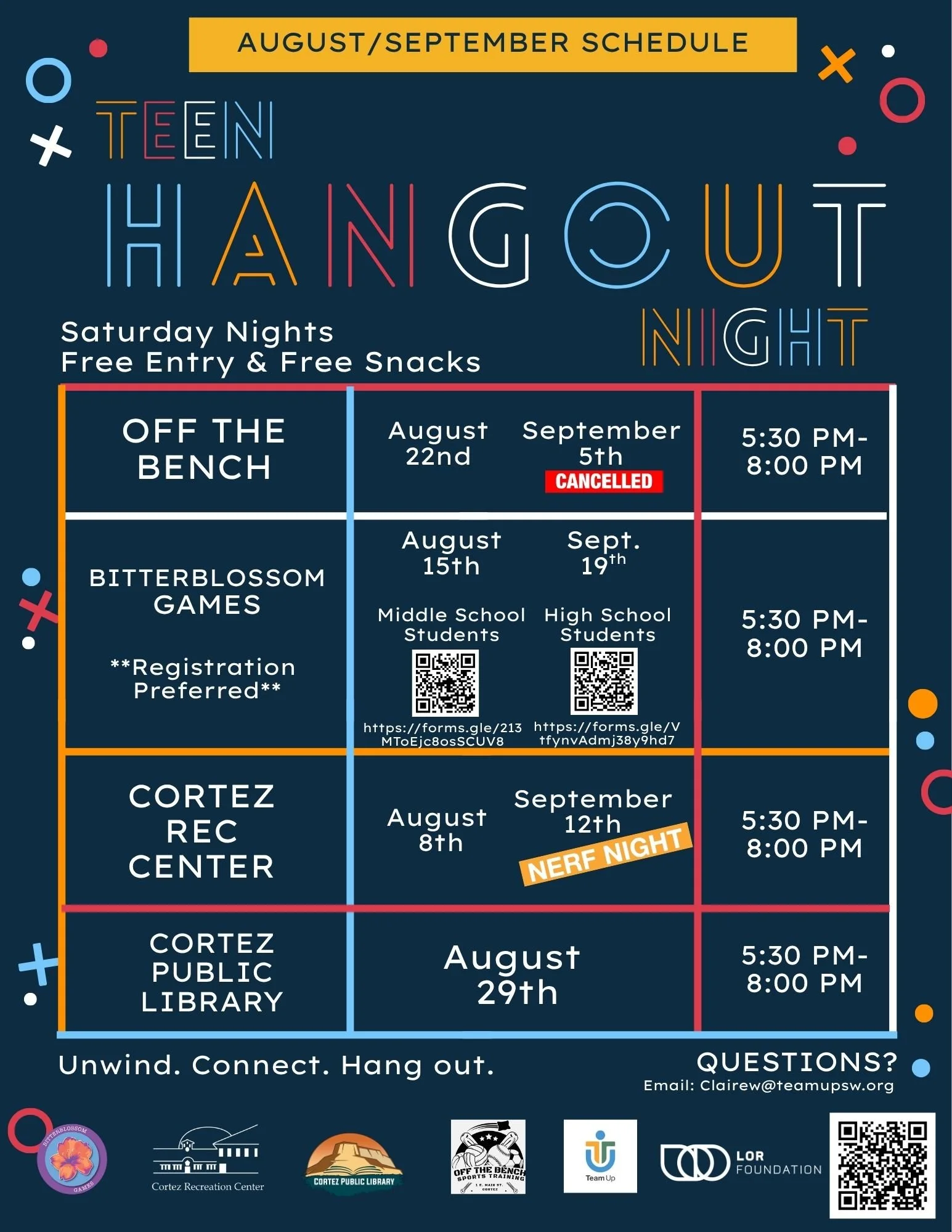 Flyer for Teen Hangout Night events every Saturday at various locations with dates and times listed, offering free entry and snacks, includes contact email for questions.