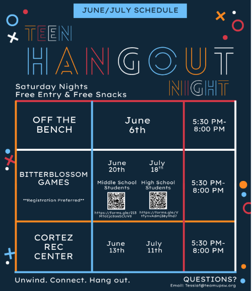 Flyer for Teen Hangout Night events every Saturday at various locations with dates and times listed, offering free entry and snacks, includes contact email for questions.
