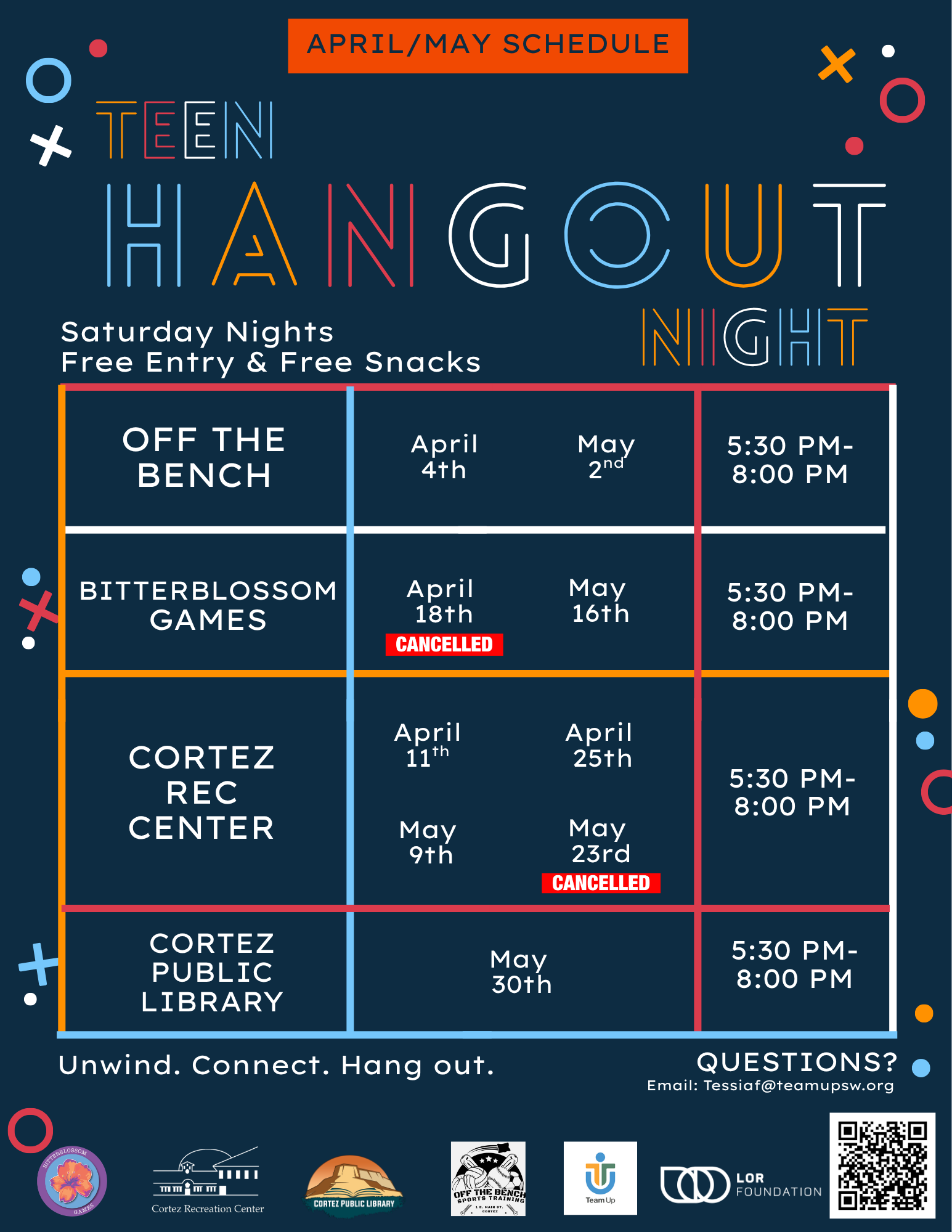 Flyer for Teen Hangout Night events every Saturday at various locations with dates and times listed, offering free entry and snacks, includes contact email for questions.