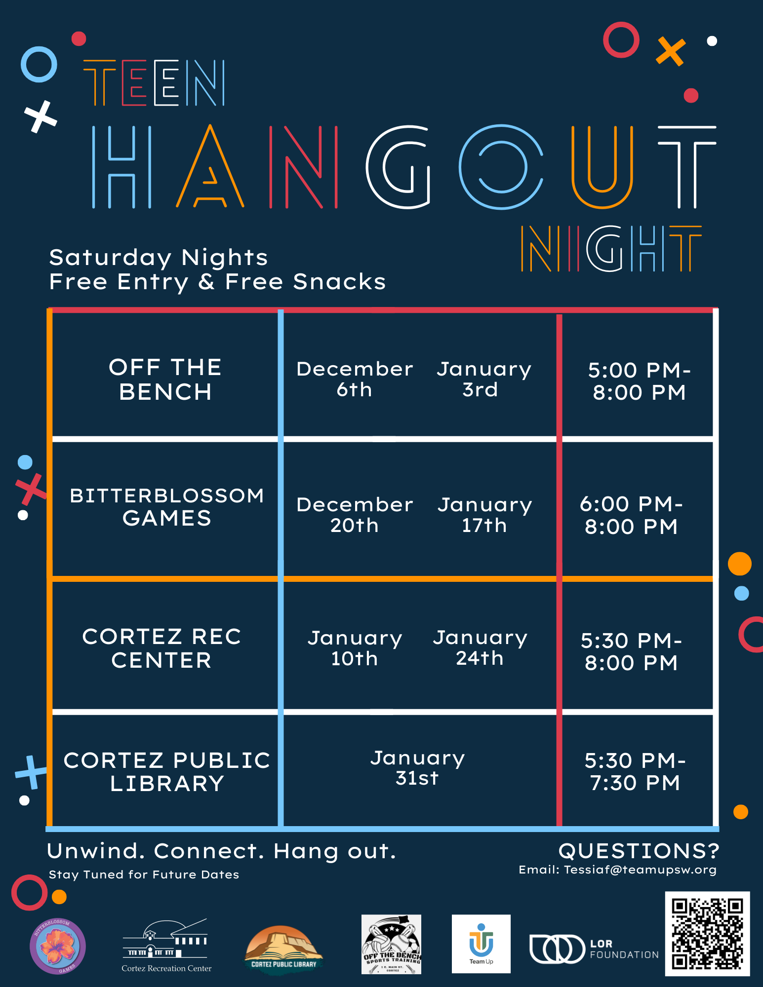 Event schedule poster with events at local community centers and libraries, including dates and times, with colorful text and decorative shapes on a dark blue background.