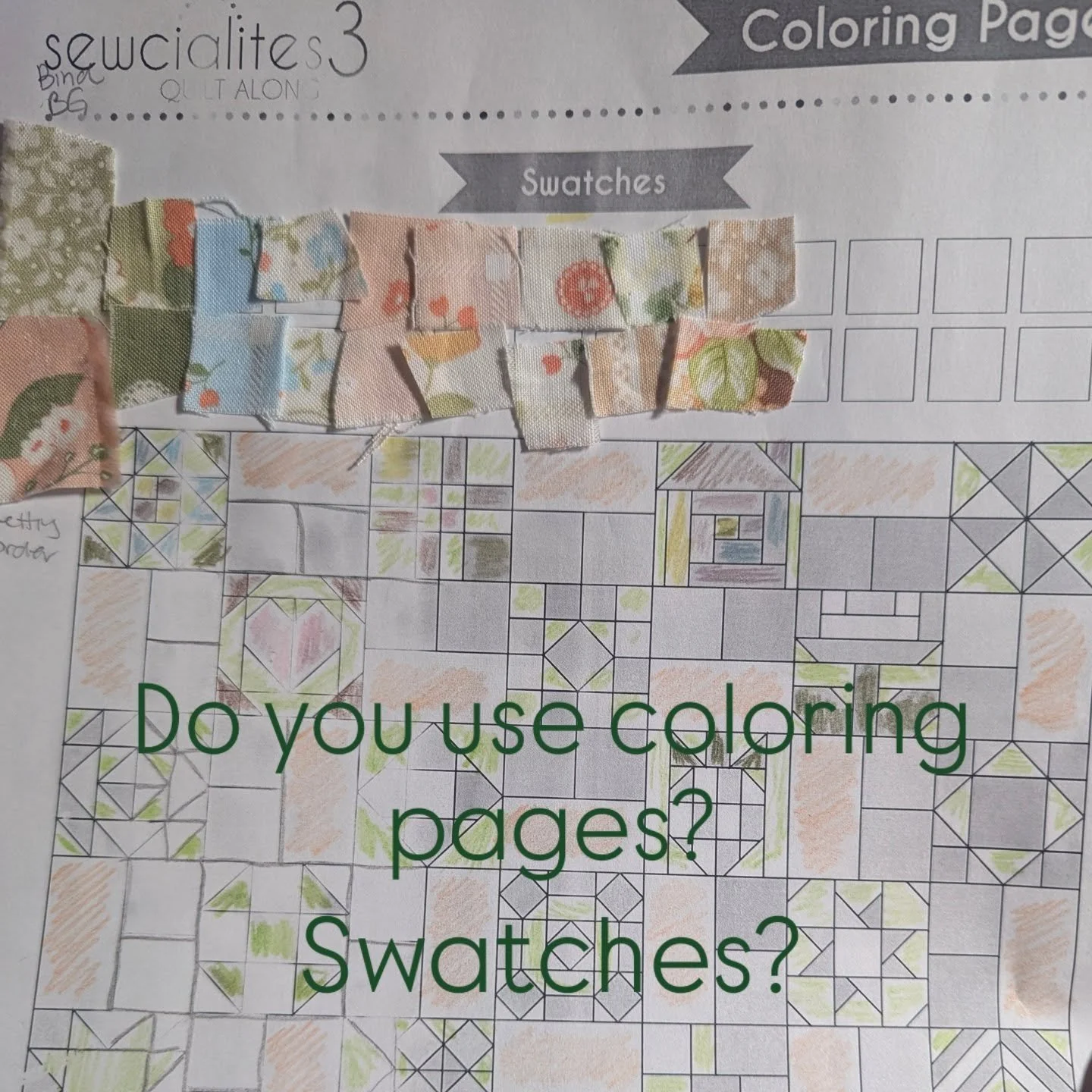 I do not usually use coloring pages or apps. I am more of a wing it type. I am excited to start working on #sewcialites3 QAL and am making it for my daughter so planning a little more. It's kinda fun. Cutting into my fabric for swatches was almost pa
