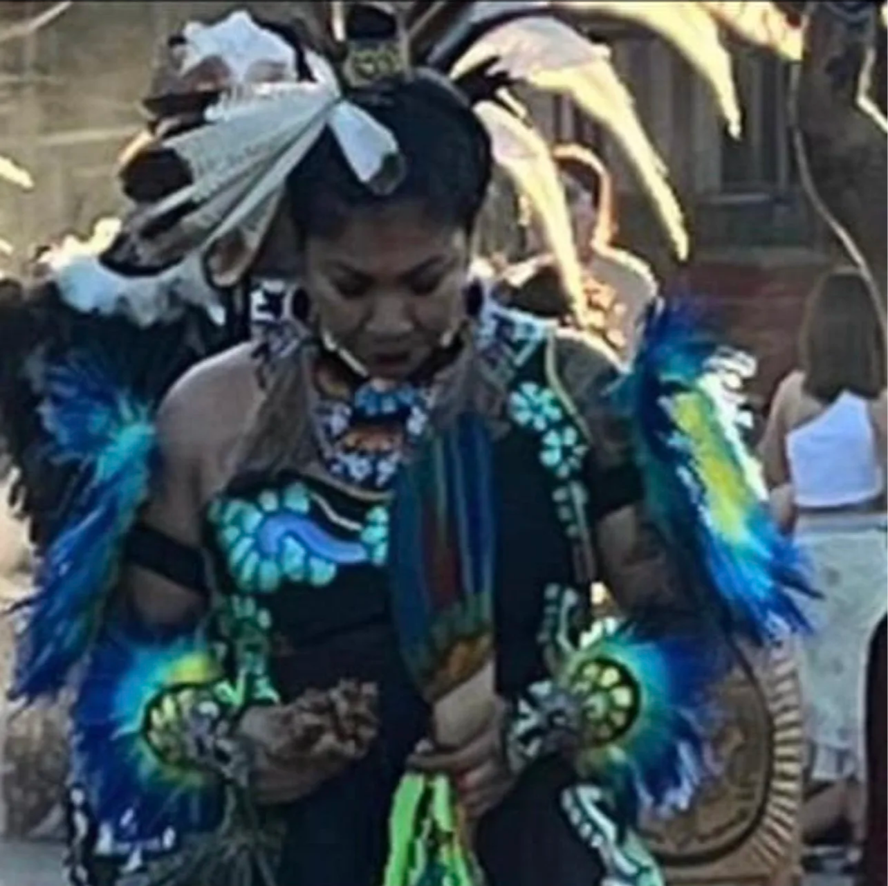 A person wearing a colorful indigenous dress with feathers and traditional jewelry, participating in a cultural event or ceremony.