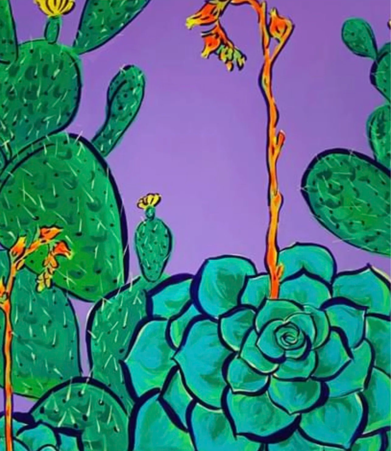 Colorful illustration of various green cacti and succulents with purple background.