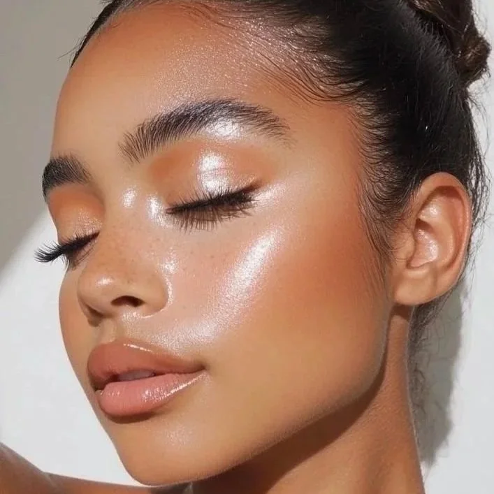 Close-up of a woman's face with glowing makeup, closed eyes, natural eyebrows, and nude lipstick.