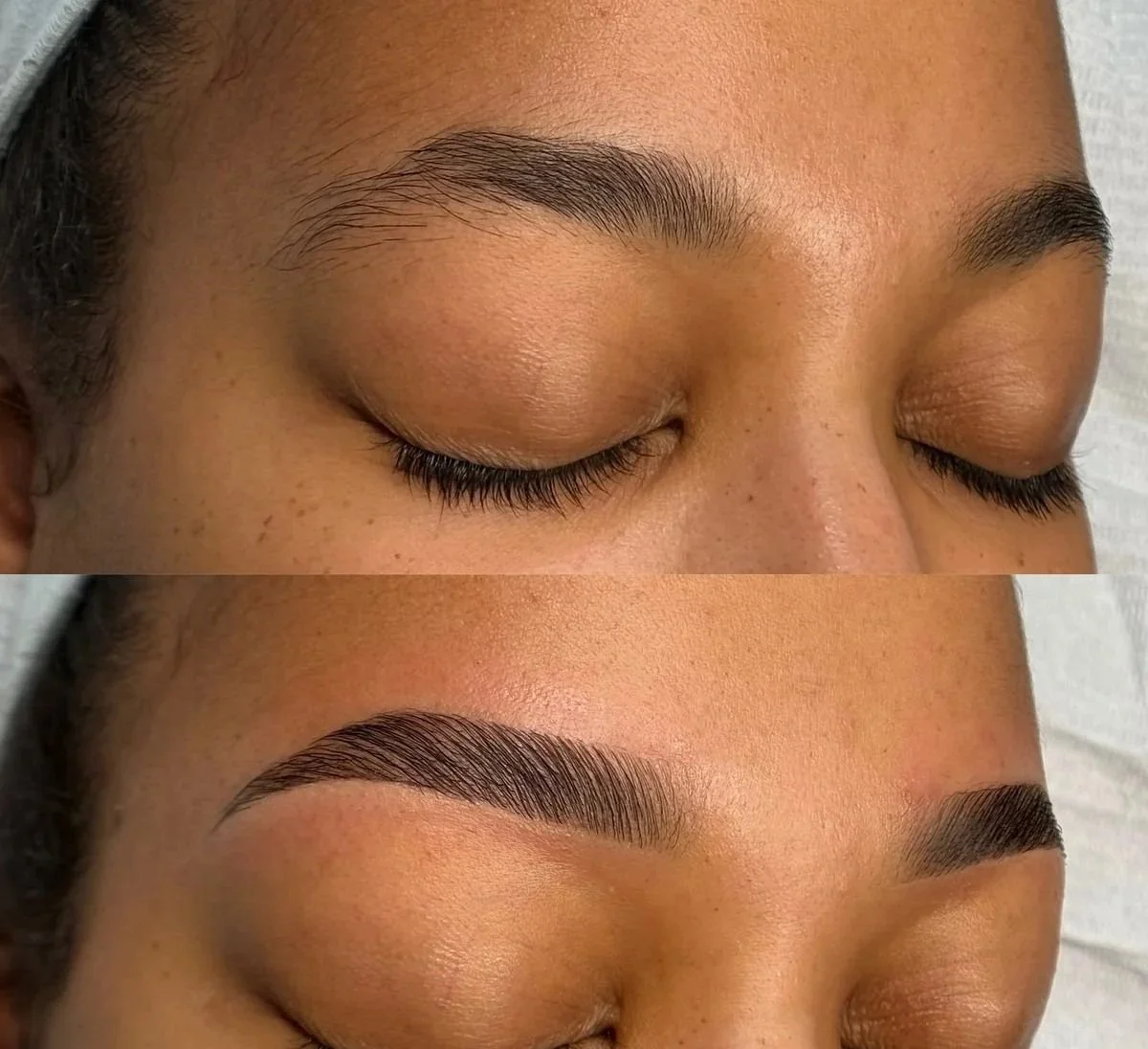 Close-up of a person's face showing their eyebrows before and after shaping or grooming, with the top image showing natural brows and the bottom image showing well-defined, shaped eyebrows.