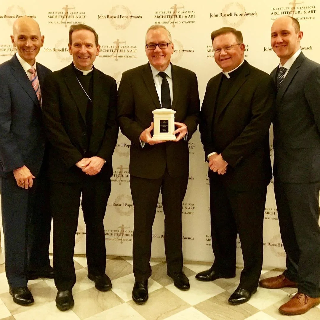 Holy Name of Jesus Cathedral: 2019 John Russell Pope Award in Ecclesiastical Design from the @wma_icaa. Photographed above, from left to right: Tim Mann, co-chair of the Cathedral Committee; Most Reverend Michael F. Burbidge, Bishop of @arlingtonchur