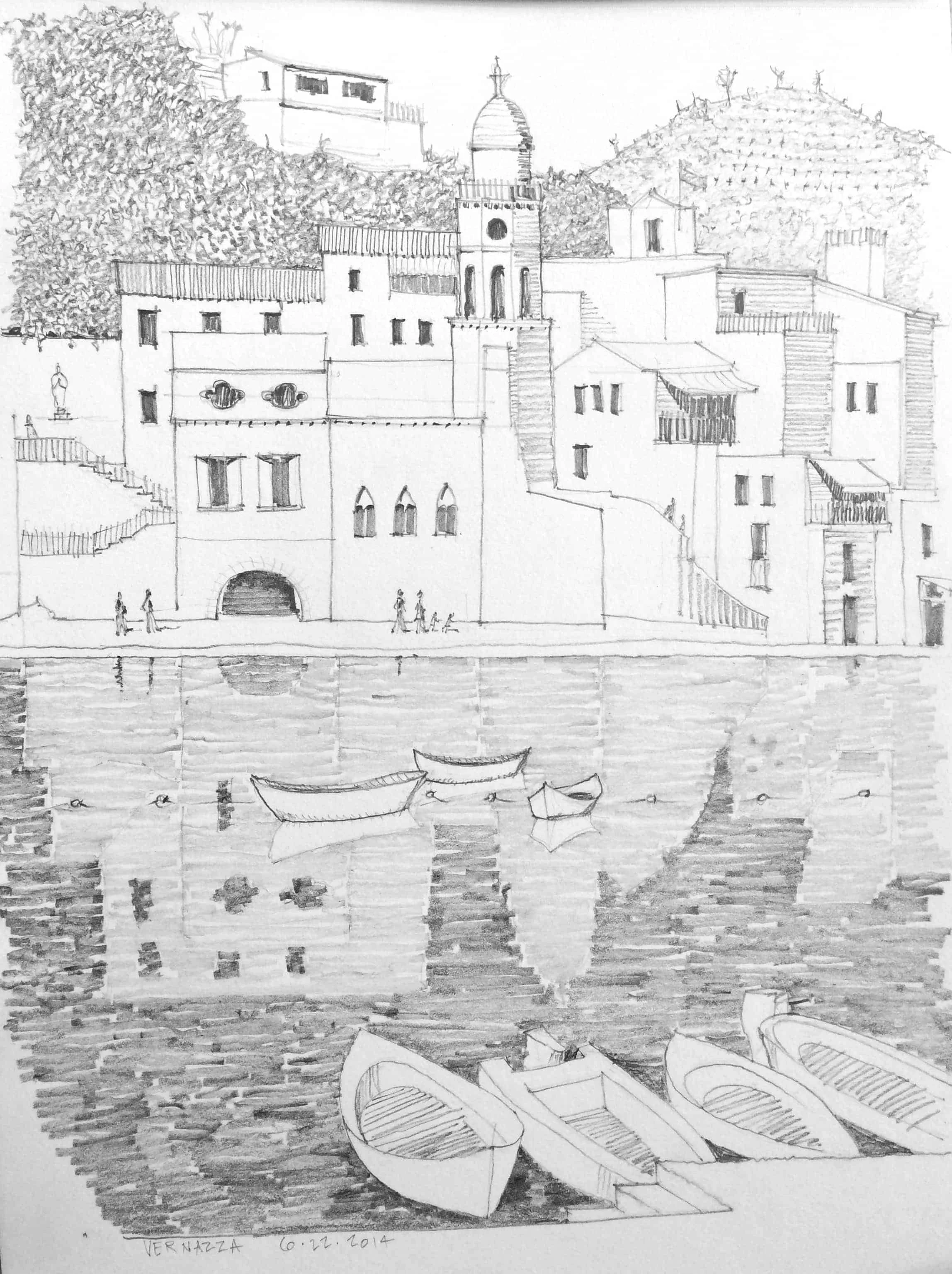Hand-drawn architectural pencil sketch of Vernazza harbor and coastal buildings in Italy by O'Brien & Keane