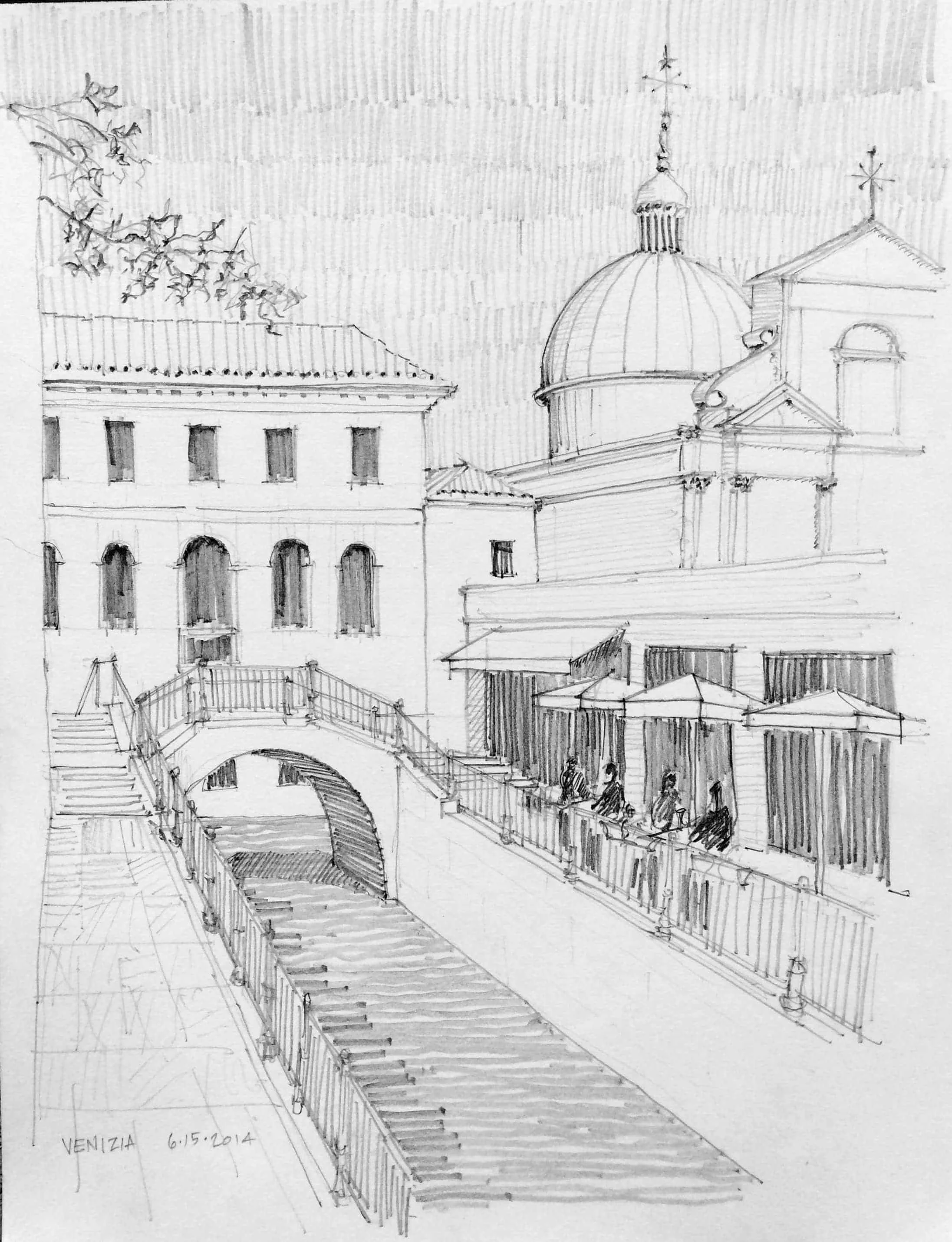 Hand-drawn architectural pencil sketch of a Venetian canal, bridge, and church dome in Venice, Italy by O'Brien & Keane