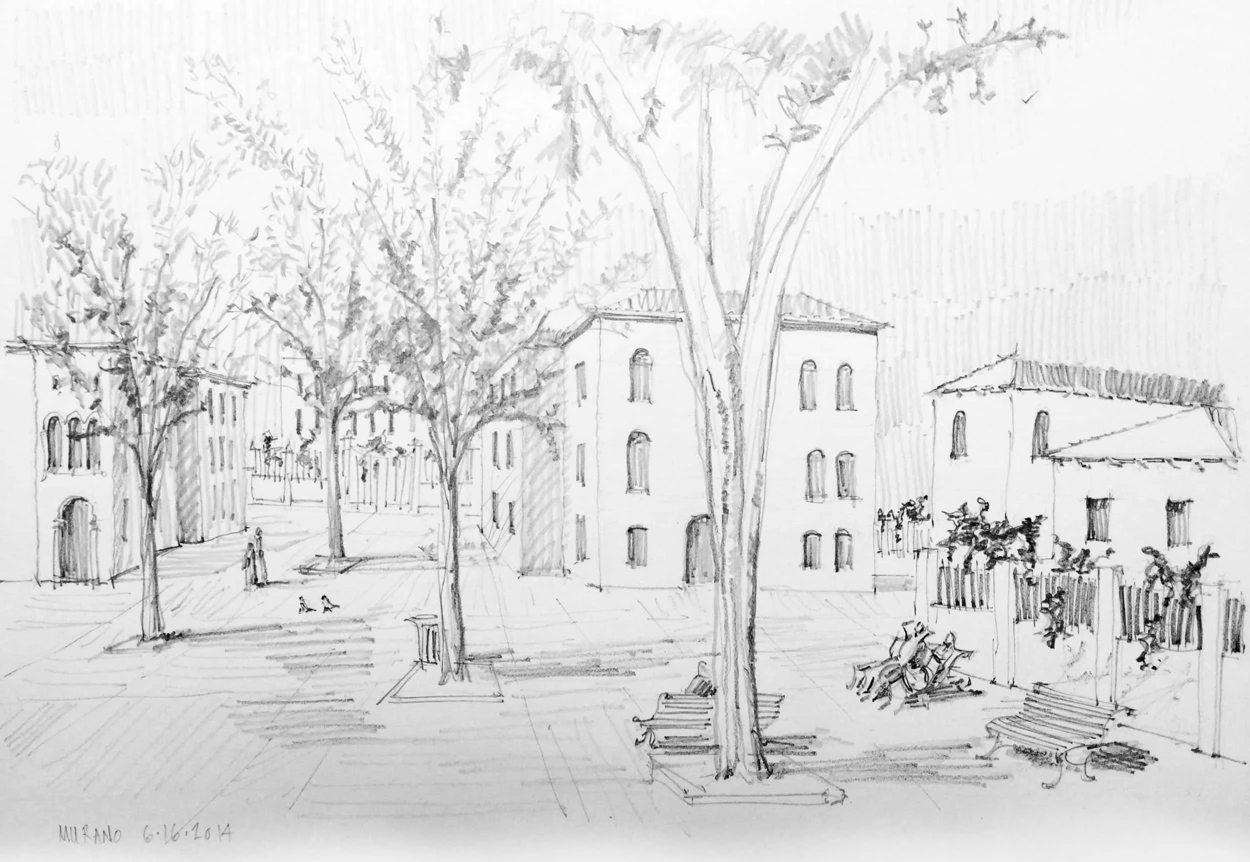 Hand-drawn architectural pencil sketch of a public piazza in Murano, Italy by O'Brien & Keane