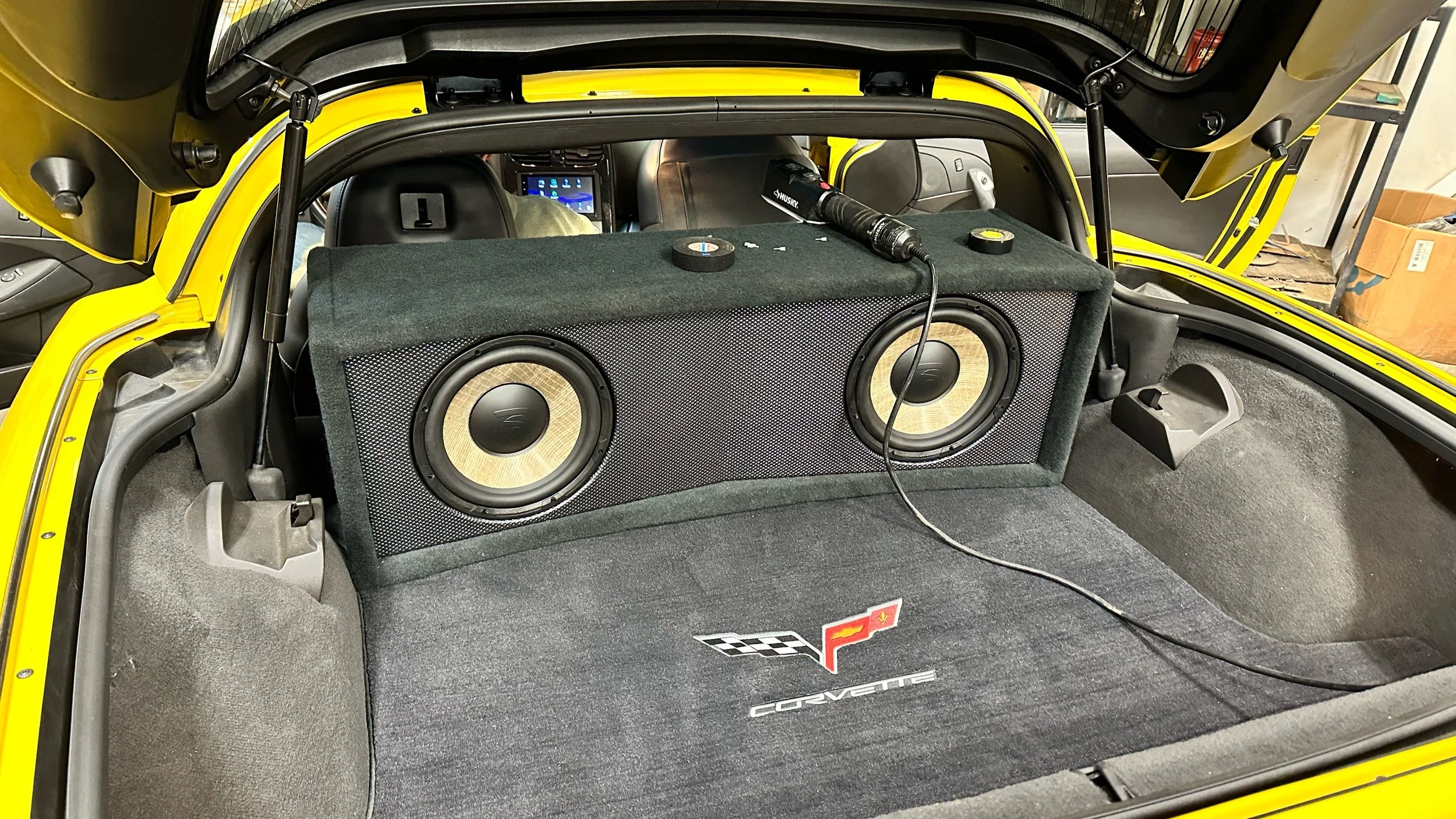 Custom dual-subwoofer installation in a Corvette at Absolute Audio in Bel Air, Maryland