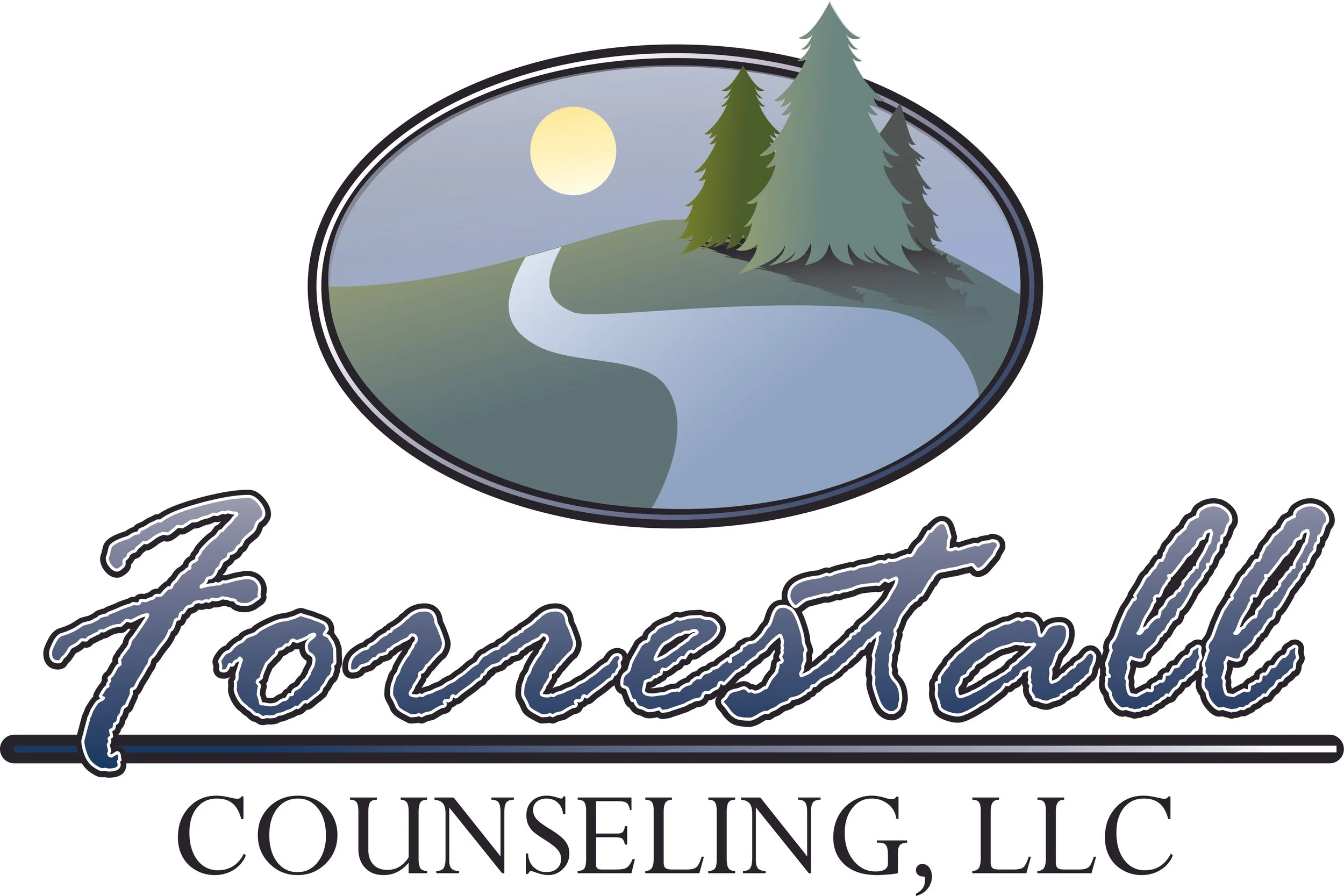 Forest landscape logo with pine trees, winding path, and the text “ForestPath Counseling, LLC.”