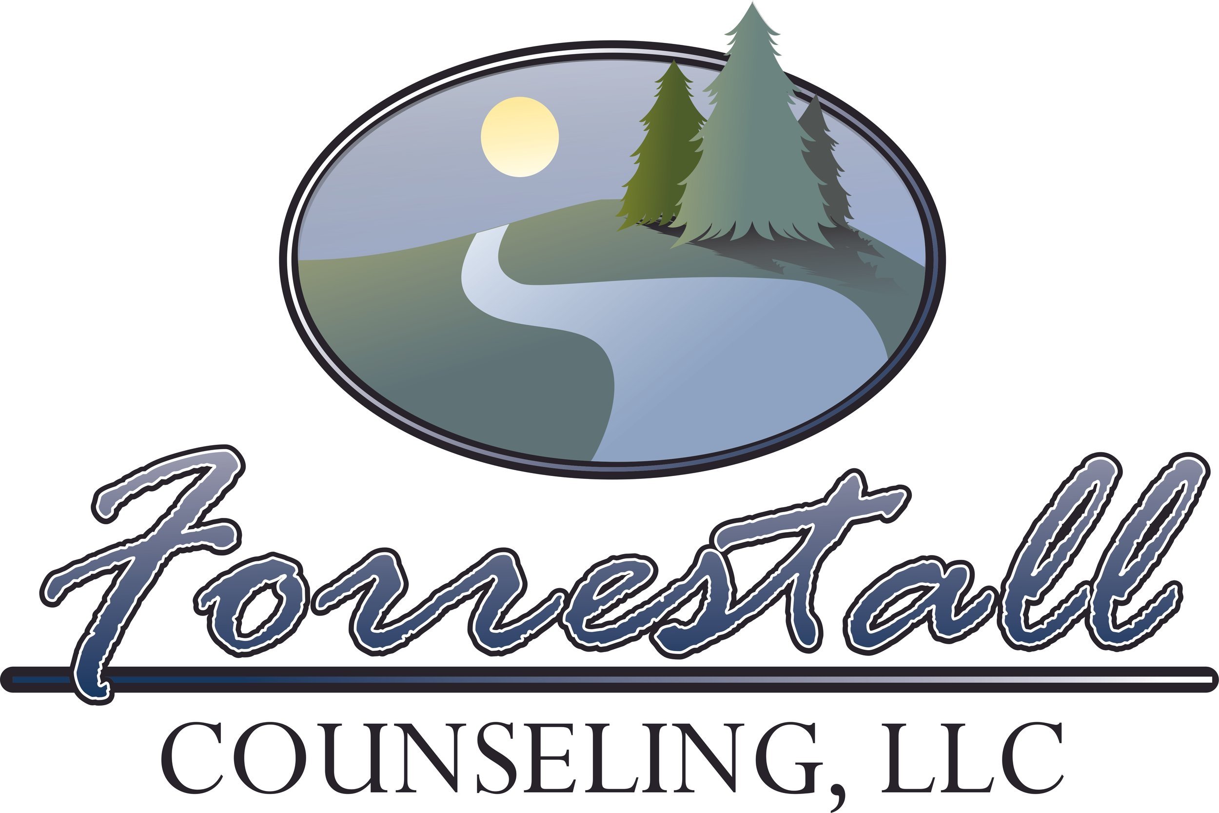 Forest landscape logo with winding path, moon, pine trees, and the text “Forest Pathway Counseling, LLC.”