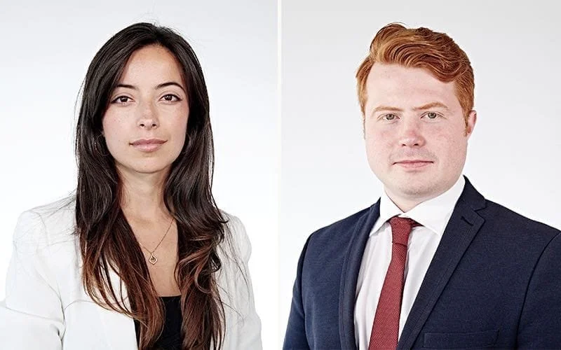 Split image of a woman with long dark hair and a man with short red hair, both dressed professionally against a white background.
