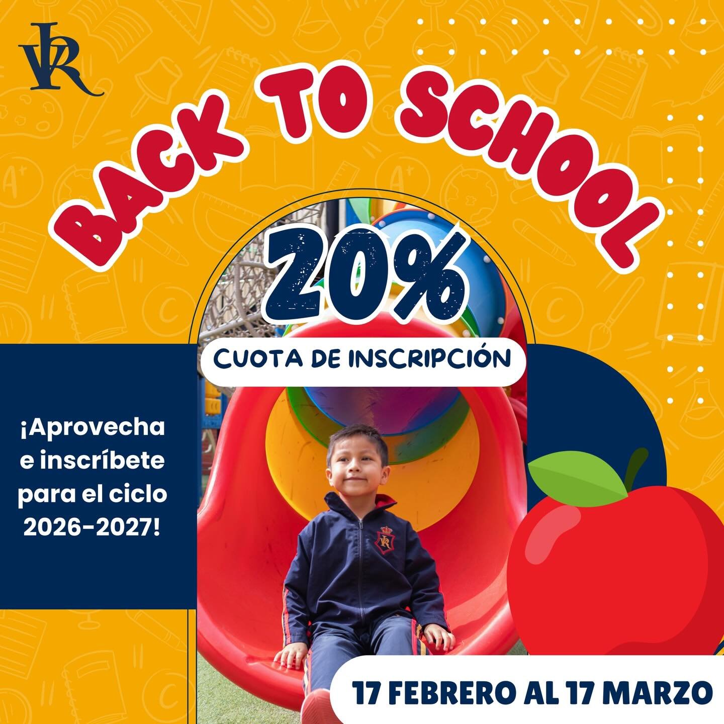 🎒✨ El pr&oacute;ximo ciclo escolar empieza con una decisi&oacute;n hoy.

Back to School IRV 2026&ndash;2027 ya est&aacute; disponible.
Obt&eacute;n 20% de descuento en la cuota de inscripci&oacute;n
 📅 Vigente del 17 de febrero al 17 de marzo.

Par