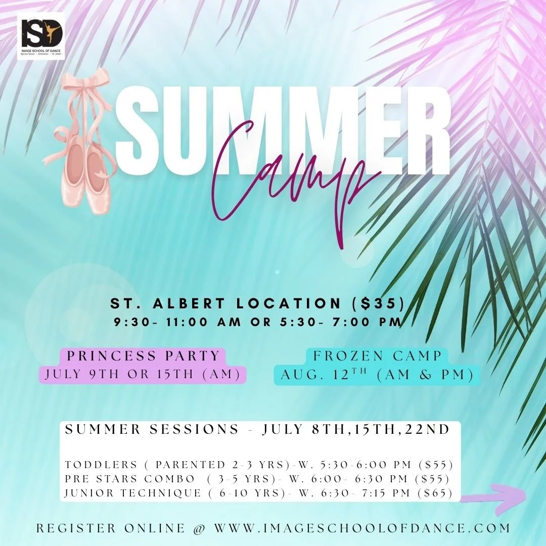 Summer camp flyer with pastel background, pink ballet shoes hanging, and palm leaves. Text includes camp dates, activities, and registration info.