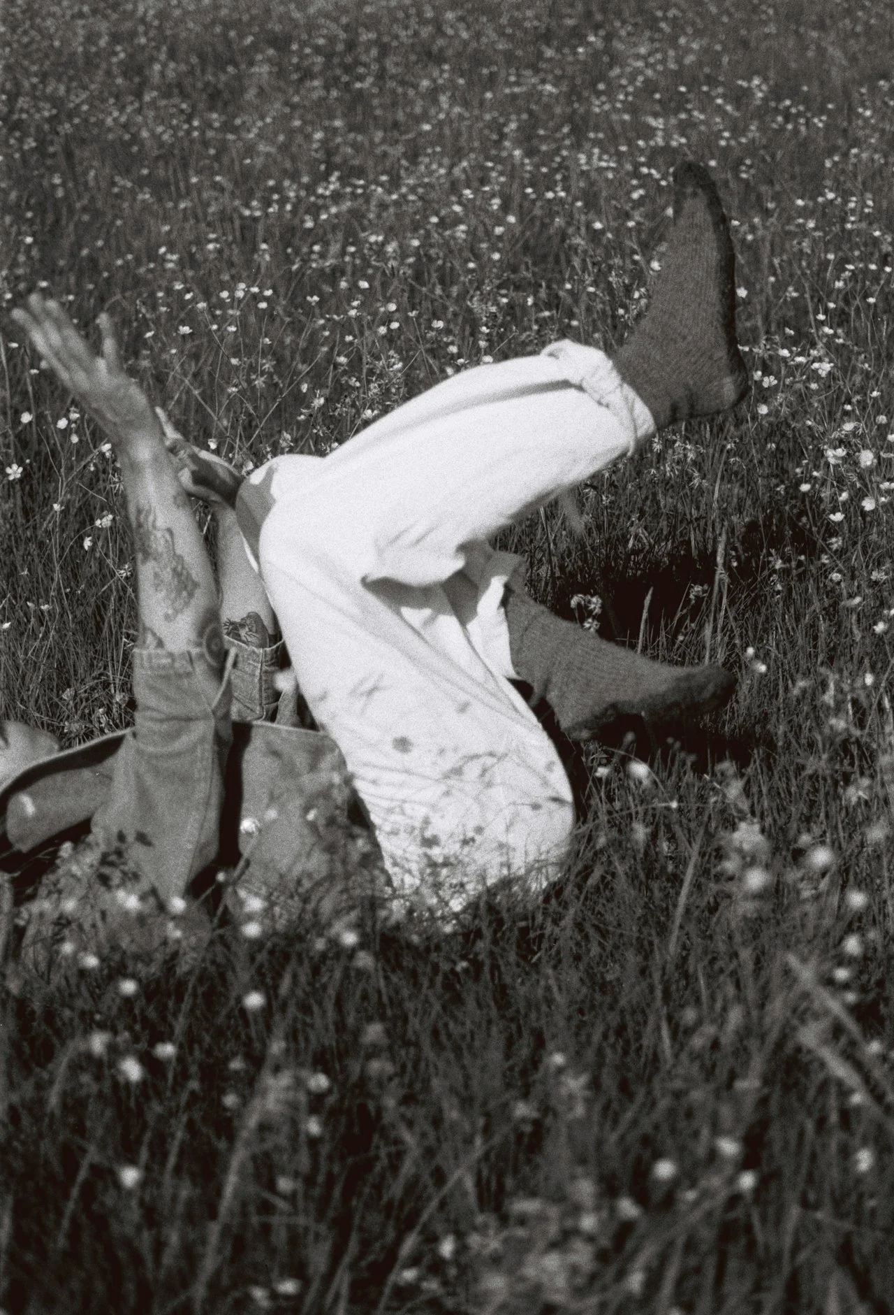 Persoon ligt ontspannen op rug in weide vol madeliefjes, zwart-wit natuurfotografie