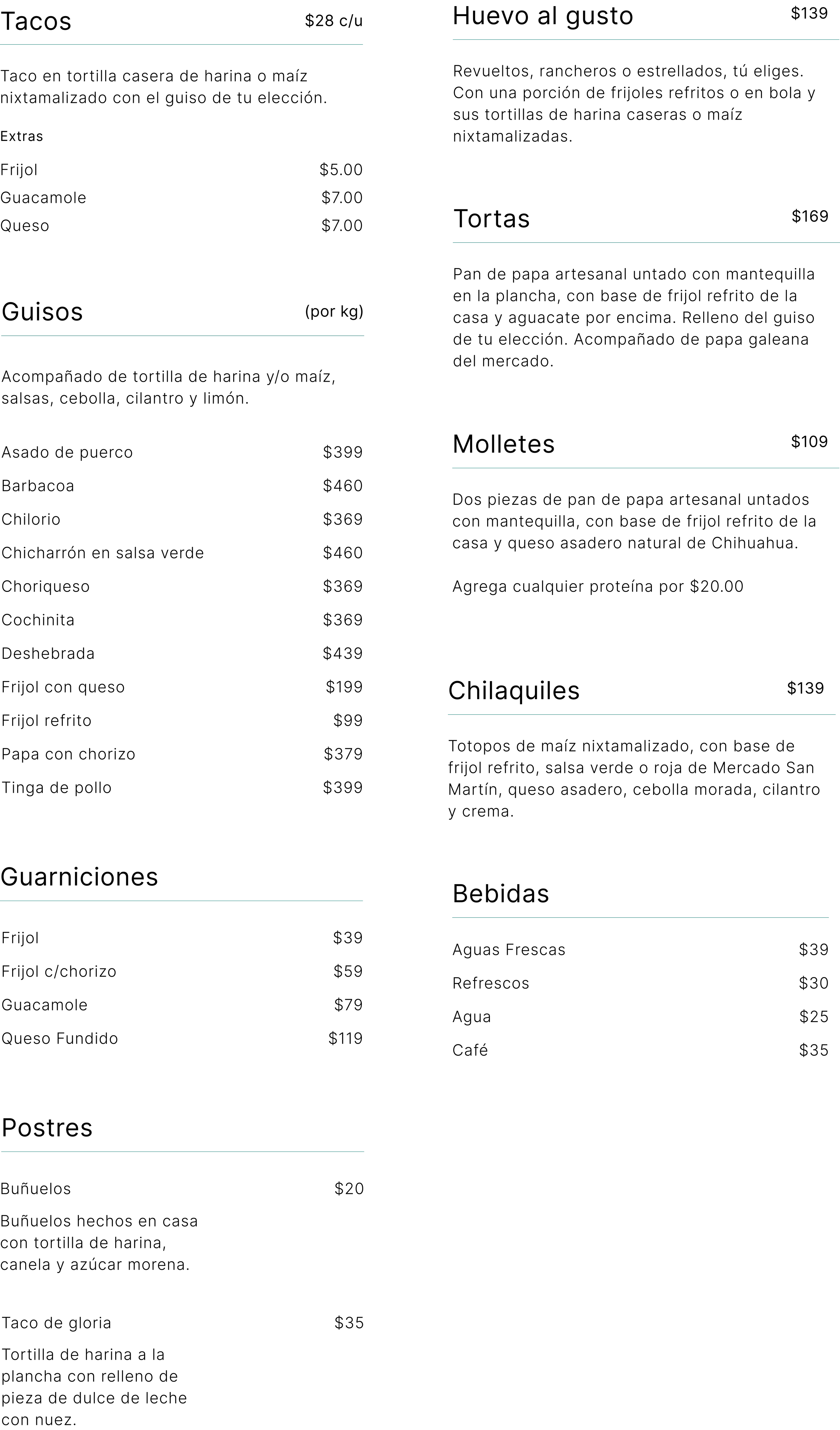 El menú de Mercado San Martín que ofrecen tacos, guisos, tortas, chilaquiles, molletes en Mercado San Martin