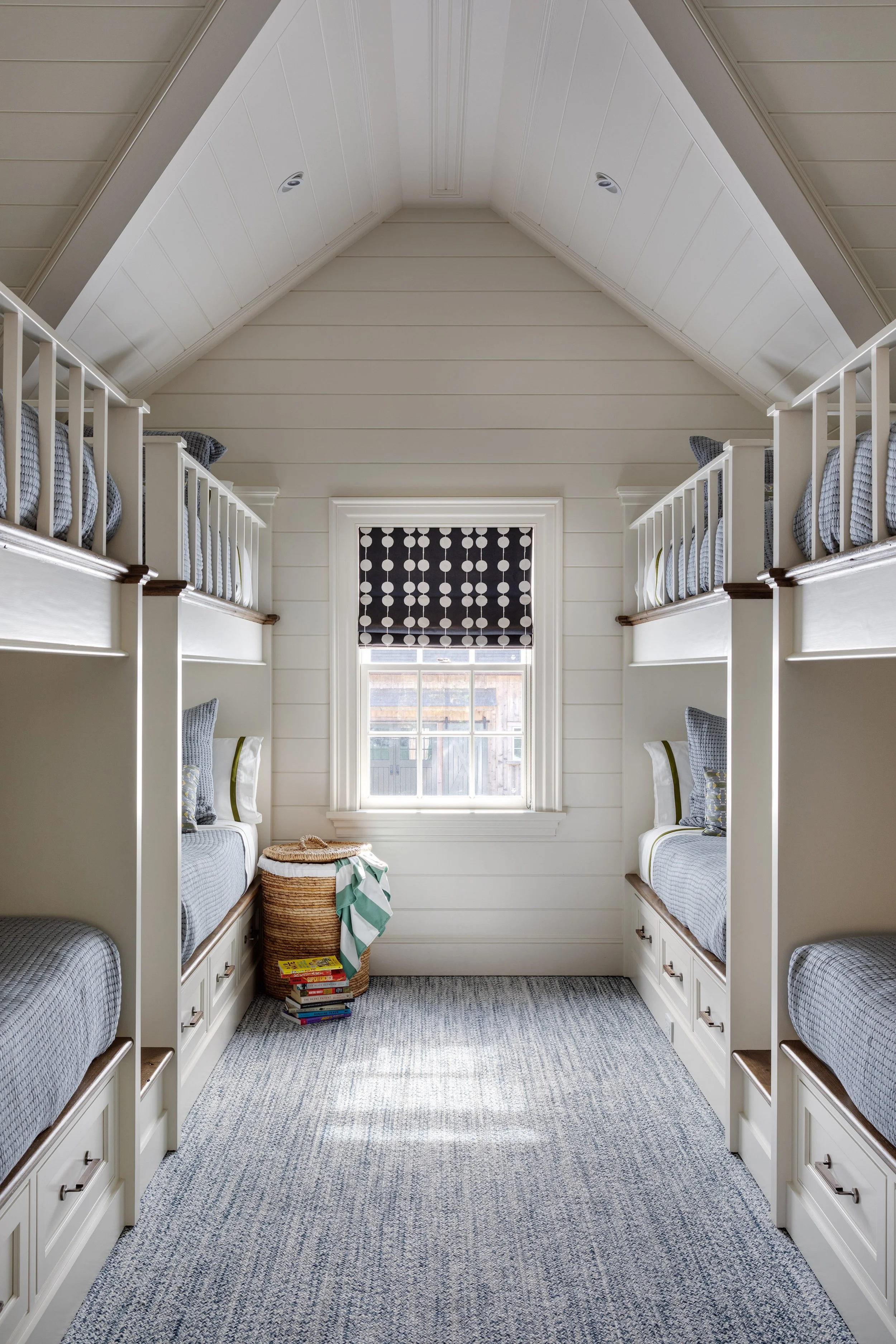 Bunch room interior by Good Bones Design with white and blue and pretty gingham shade