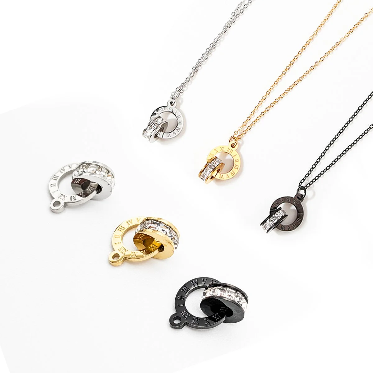 Twisted Cubic Ring and Roman Numerals Ring Pendant Necklace