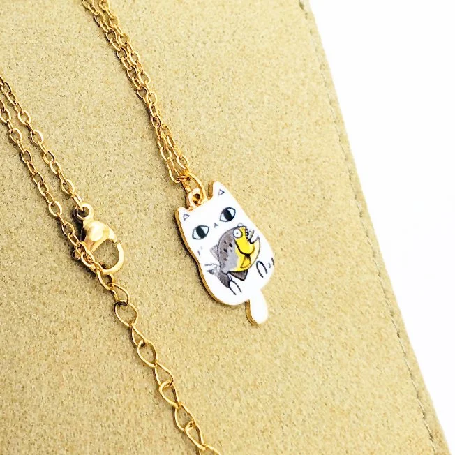 White Cat Holding Fish Pendant Necklace