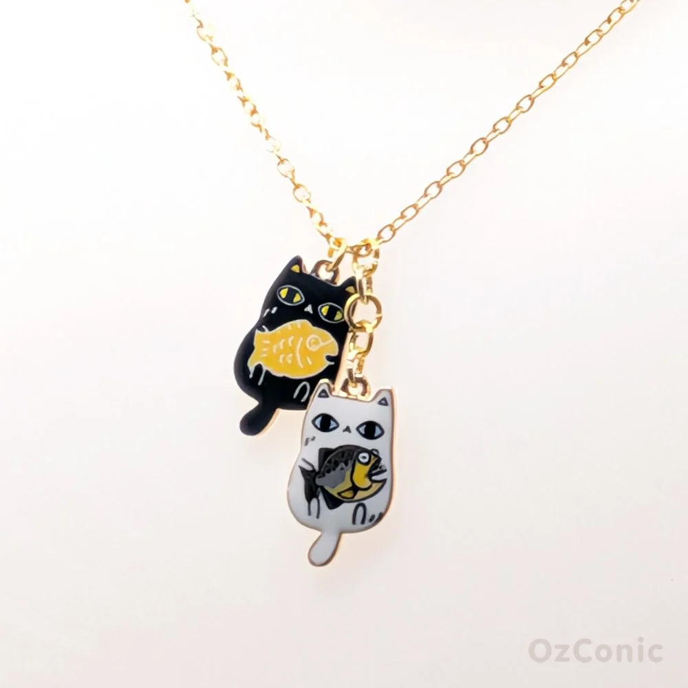 White Black Cat Holding Fish Pendant Necklace