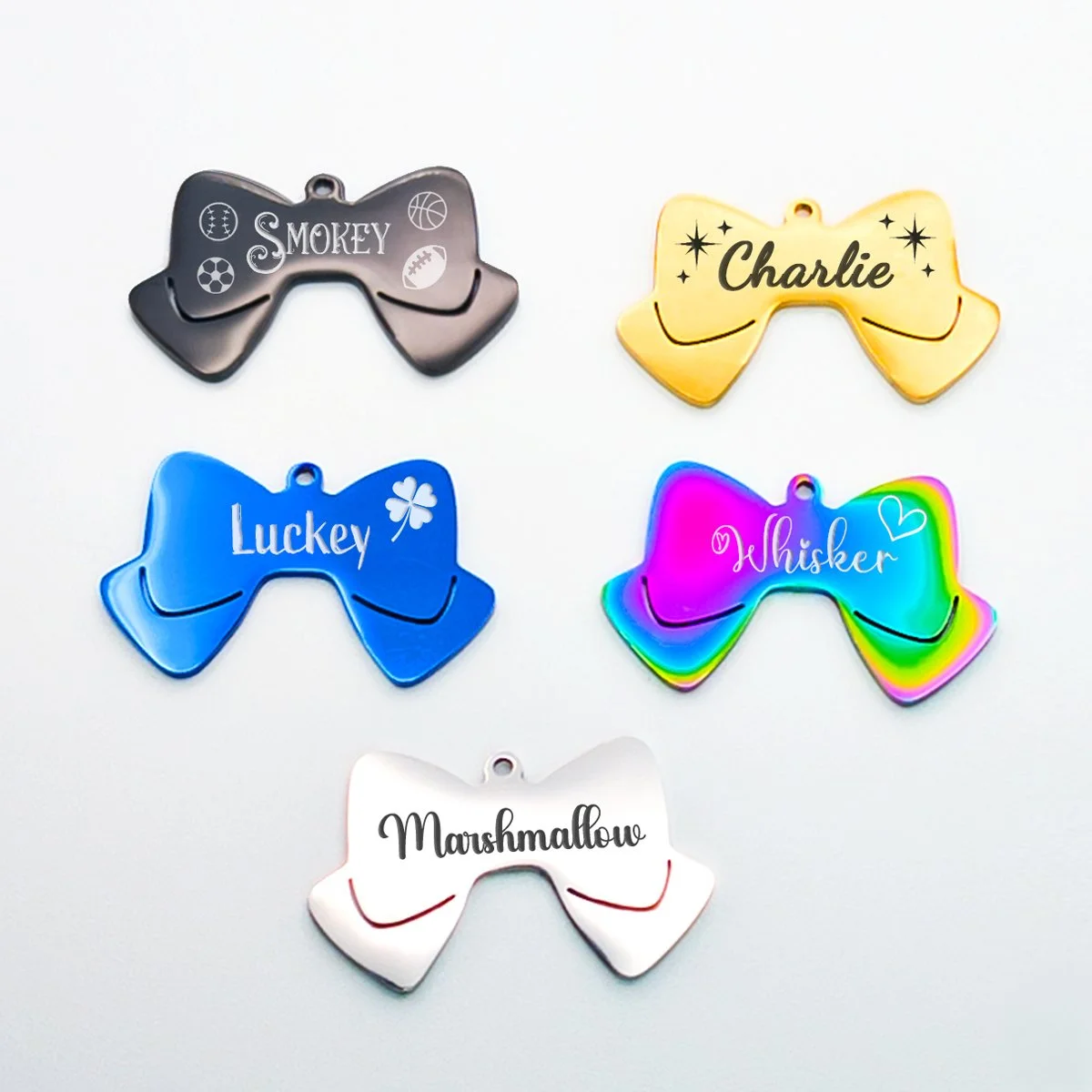 Personalized Stainless Steel Bow Pet ID Tag, Custom Deep Engraved Dog Cat Ribbon Charm
