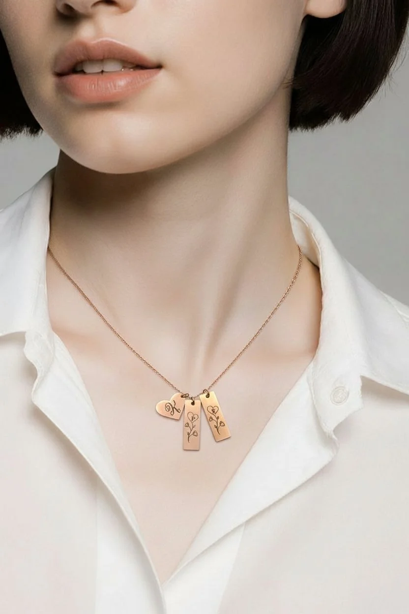 Personalized Stainless Steel Heart and 2 Bar Pendants Necklace