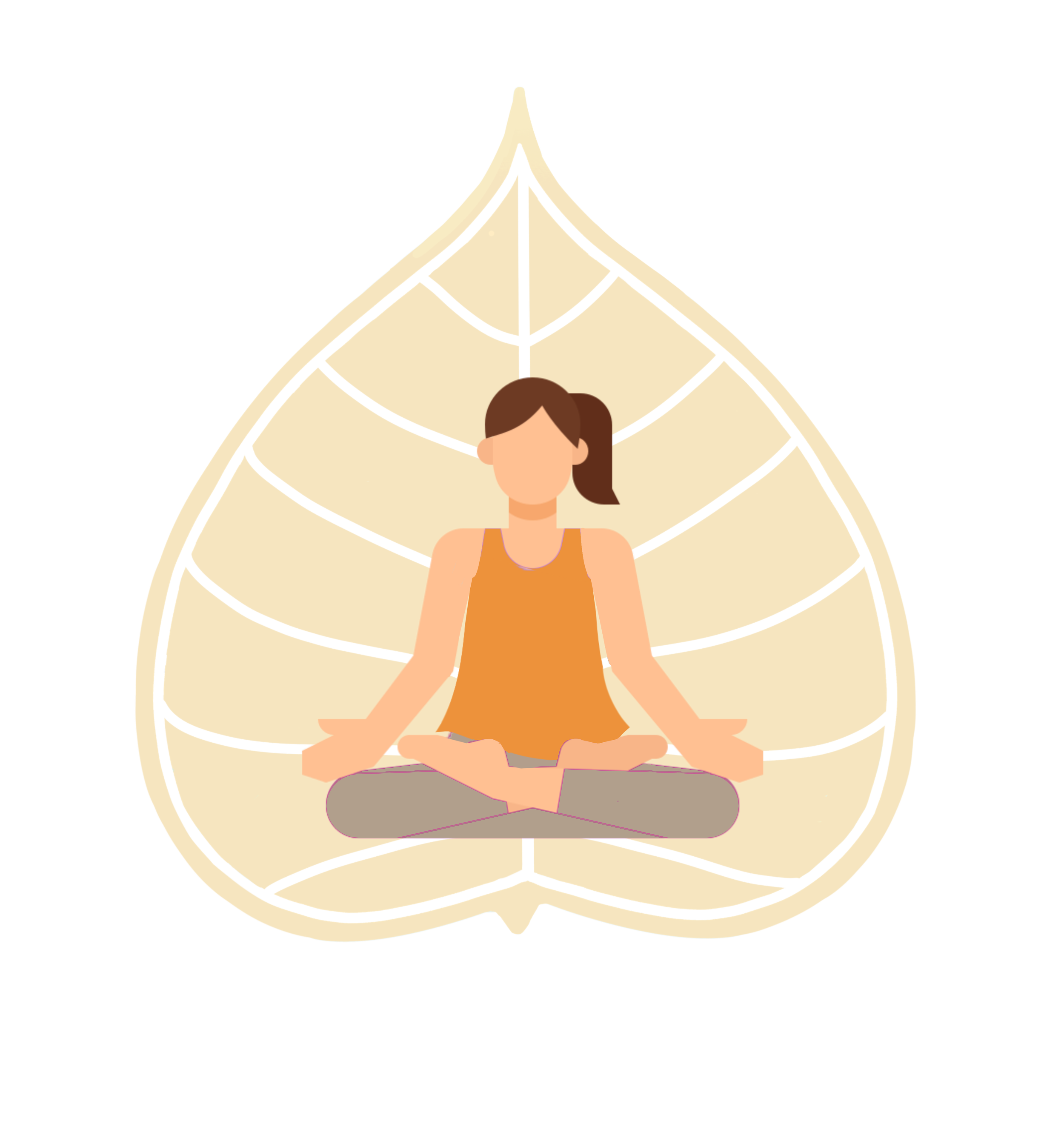 Illustration of a woman practicing yoga in a seated meditation pose inside a large, teardrop-shaped bamboo structure.