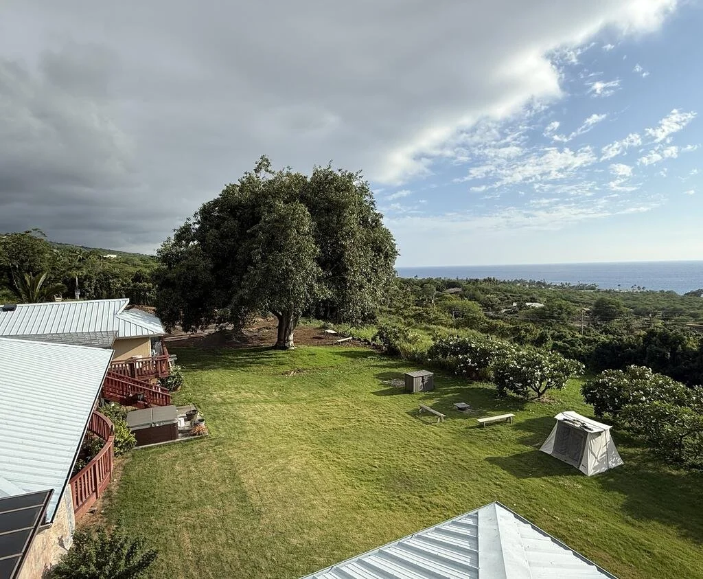A wide angle view of a private tent on a lawn edged with tropical trees overlooking the ocean.