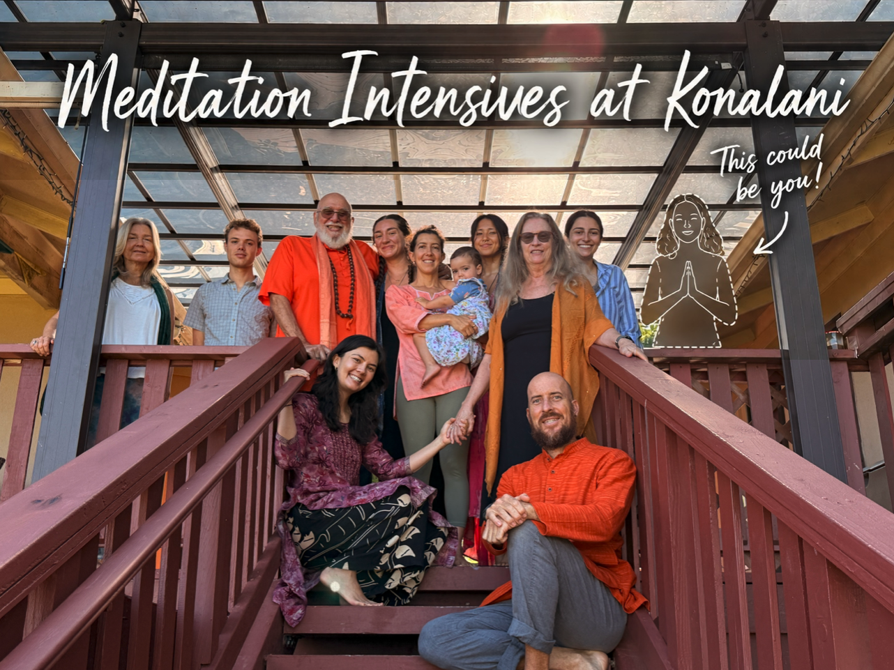 Meditation intensive participants gathered on the steps at Konalani.