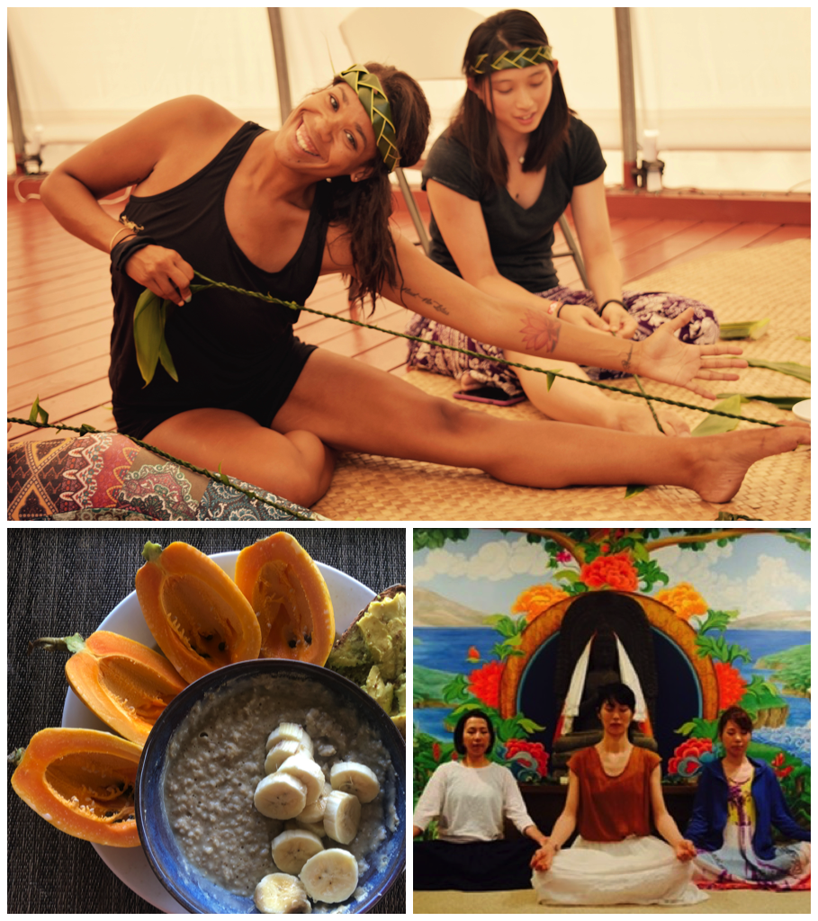 Collage of assisted yoga, a tropical fruit breakfast, and group meditation at Konalani.