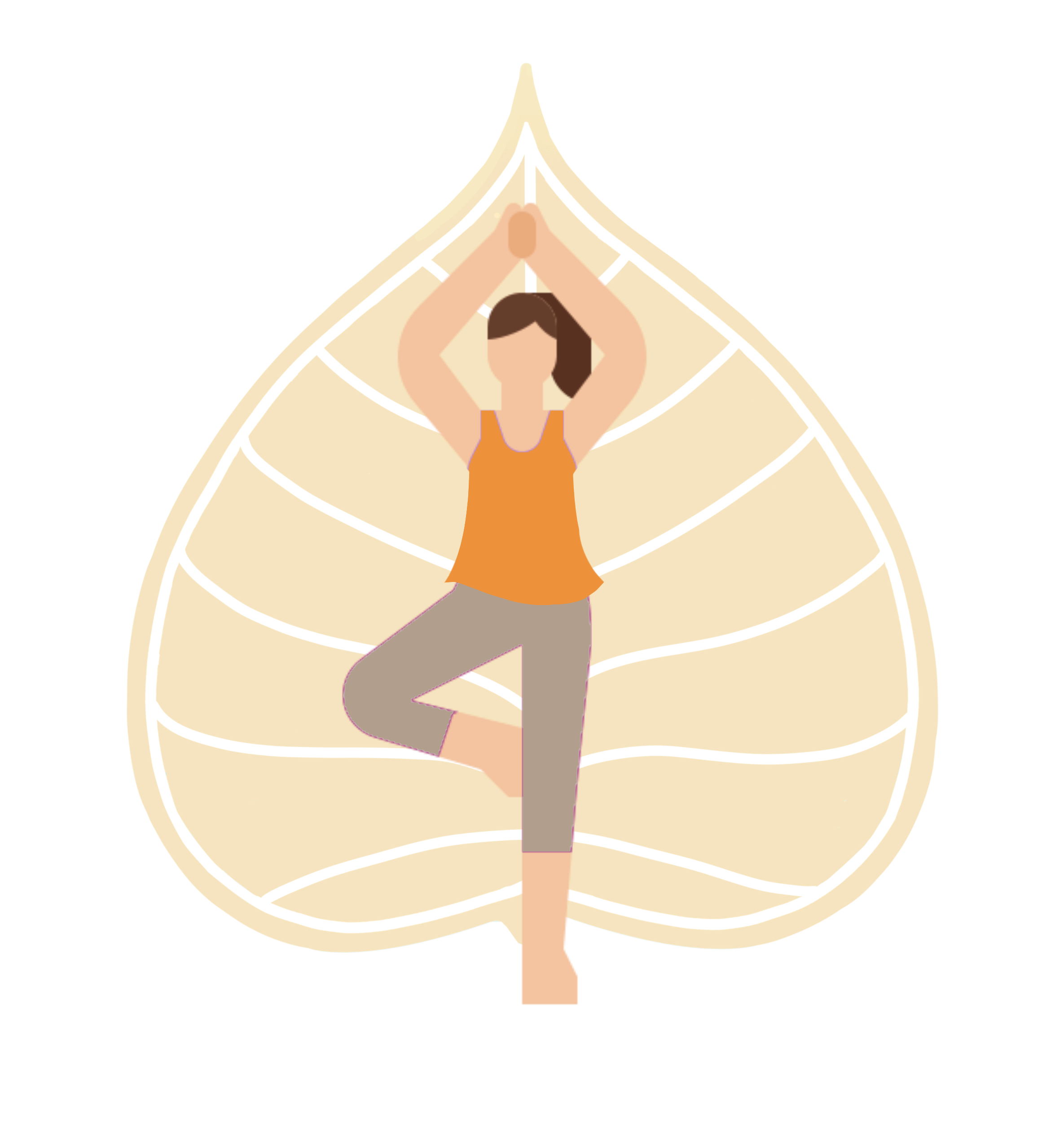 Illustration of a woman doing a yoga pose inside a large, yellow, leaf-shaped structure with wooden slats.