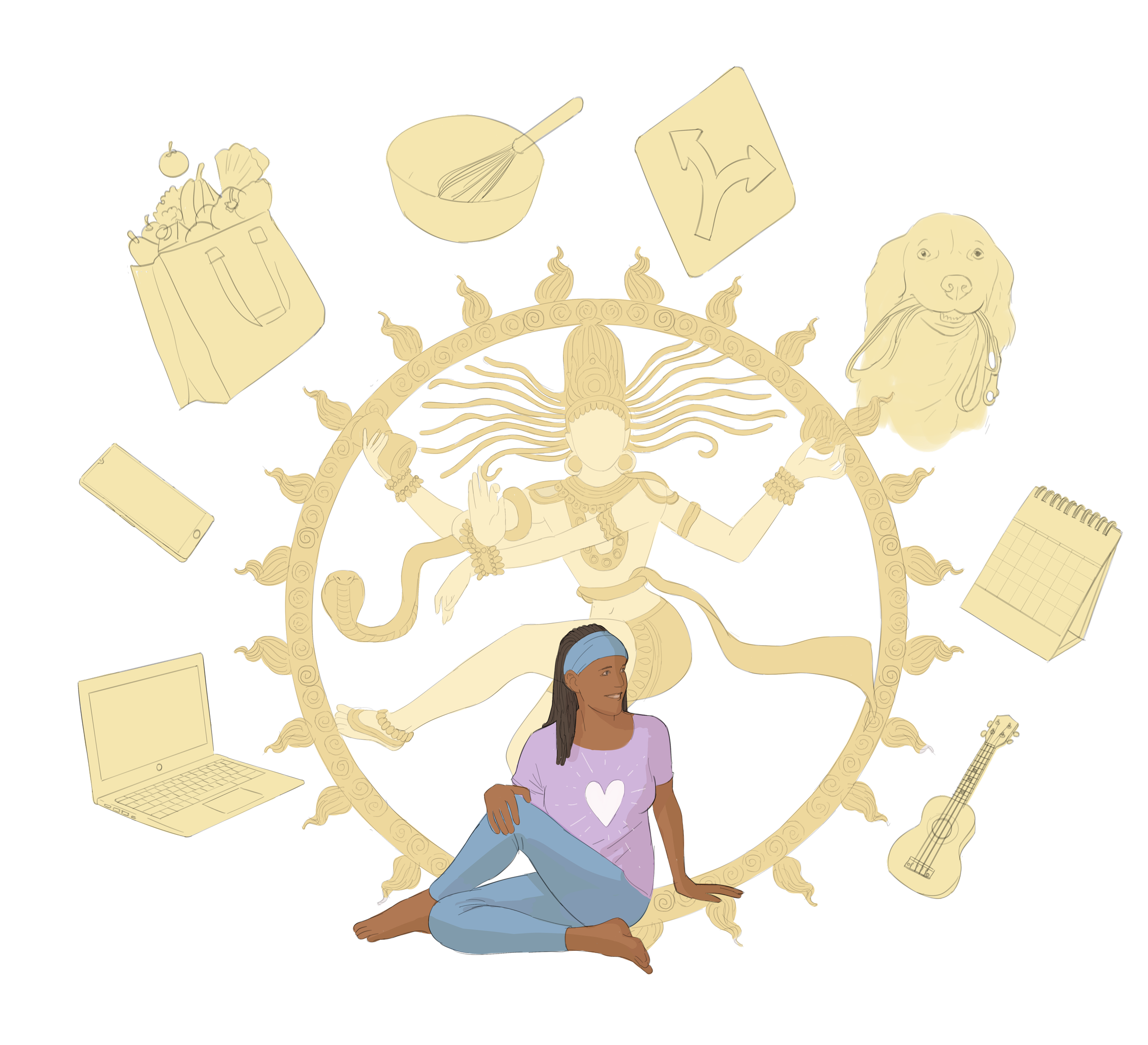 Digital illustration of a deity with multiple arms, seated in a lotus position, surrounded by modern technology items like a laptop, smartphone, and musical instrument. There is a person with dark skin and long hair sitting nearby.